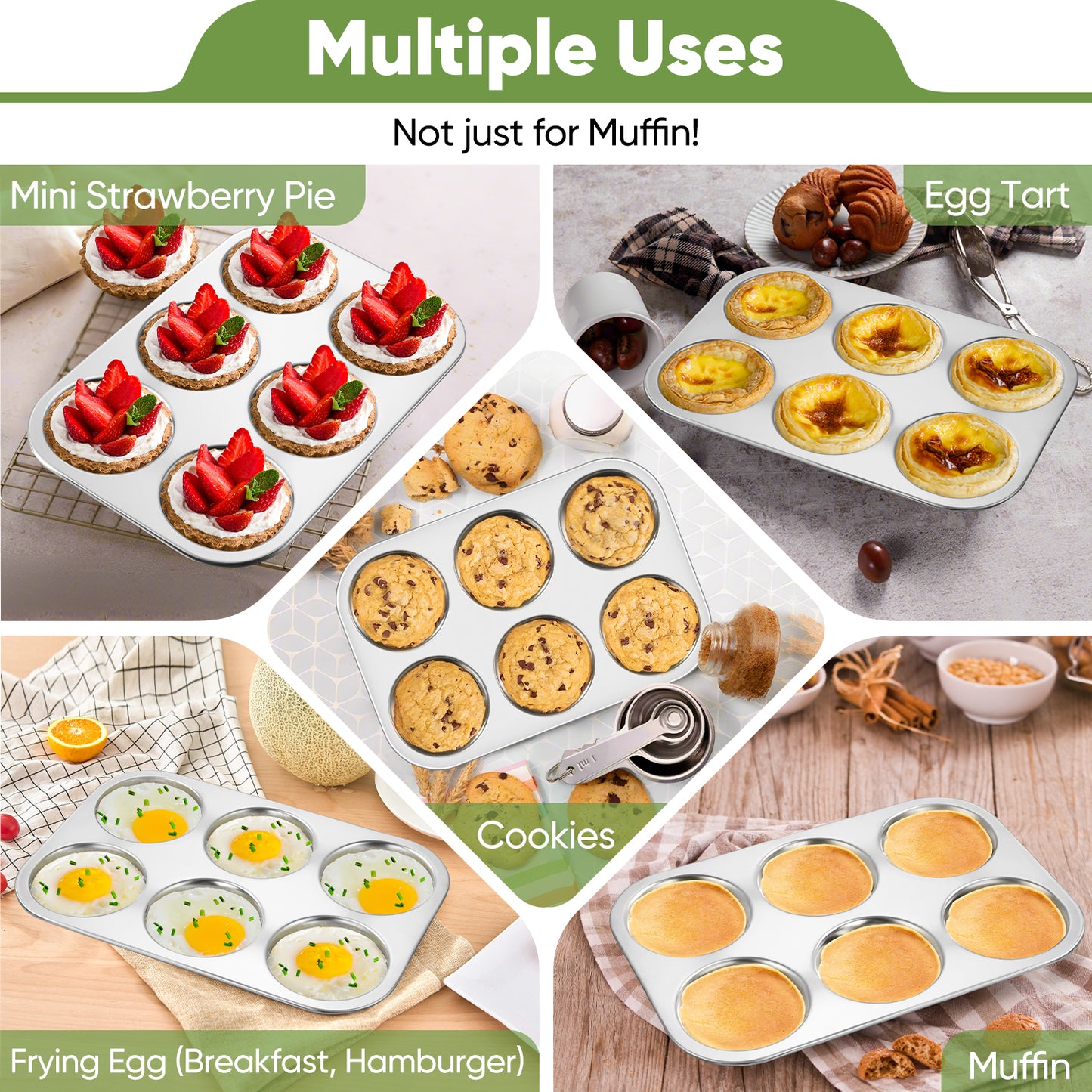 Vesteel 6-Cup Muffin Pan, Stainless Steel Cupcake Pan Metal Muffin Baking Tins for Oven, Non-toxic & Dishwasher Safe