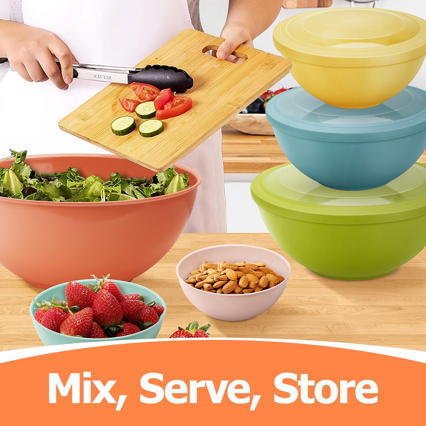 Vesteel 6Pcs Mixing Bowl Set with Lids, Plastic Nesting Bowls for Mixing, Storage, Kitchen Prepping, Serving Food, Microwave & Dishwasher Safe - Multi-Color
