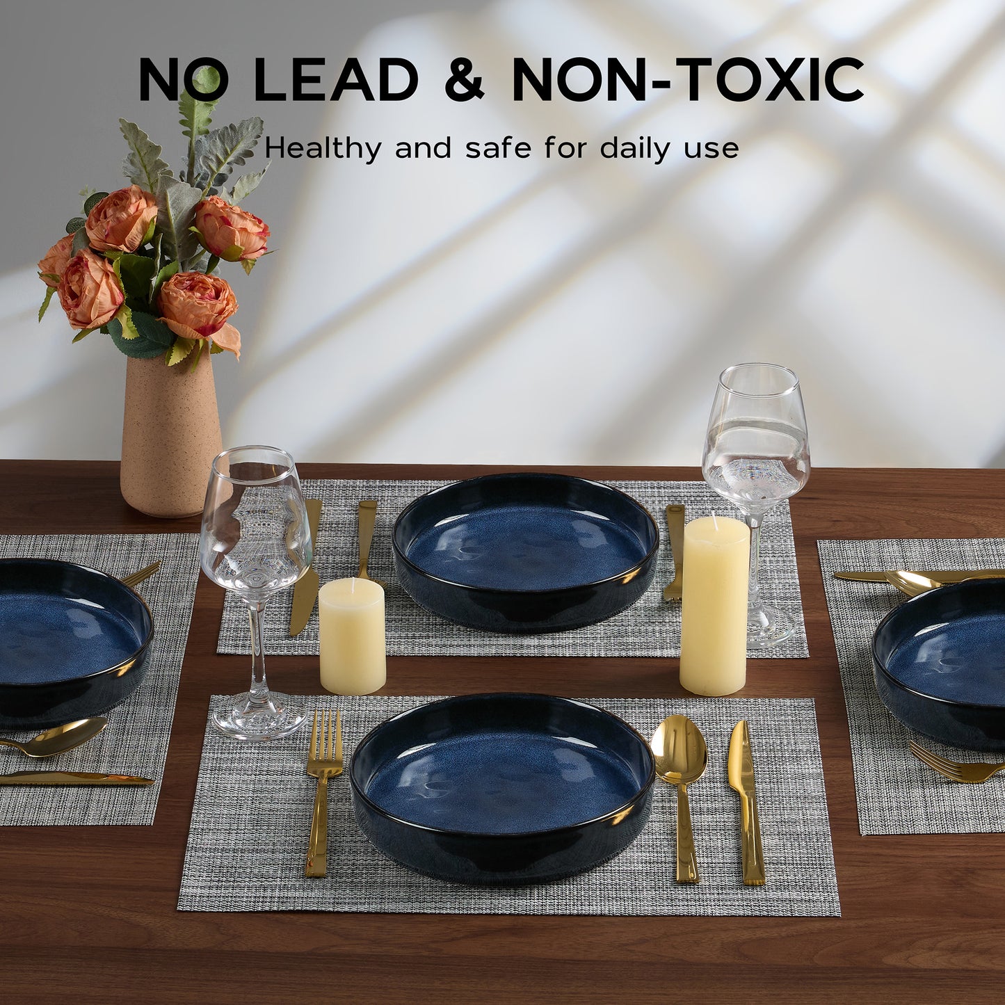 Vesteel Pasta Bowls Set of 4, 32oz Stoneware Salad Bowl, Large Dinner Bowls for Eating Serving Soup Noodle Pasta, Microwave & Dishwasher Safe, Ocean Blue