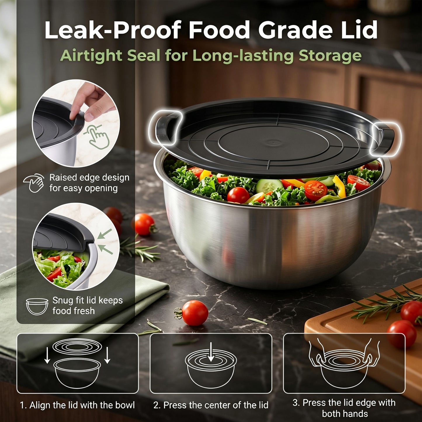 Vesteel Stainless Steel Mixing Bowls, 5 Piece Metal Nesting Bowls with Airtight Lids, Stackable Salad Bowls for Baking, Prepping & Serving, Dishwasher Safe, 5/3/1.7/1.2/0.8 QT, Black