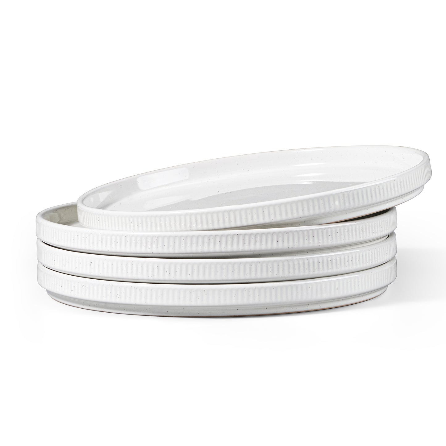 Vesteel 4 Pieces Dinner Plates Set, Premium Stoneware Ribbed Dishes, Chip & Scratch Resistant Ceramic Set for Home Restaurant, Microwave and Dishwasher Safe - Speckled White