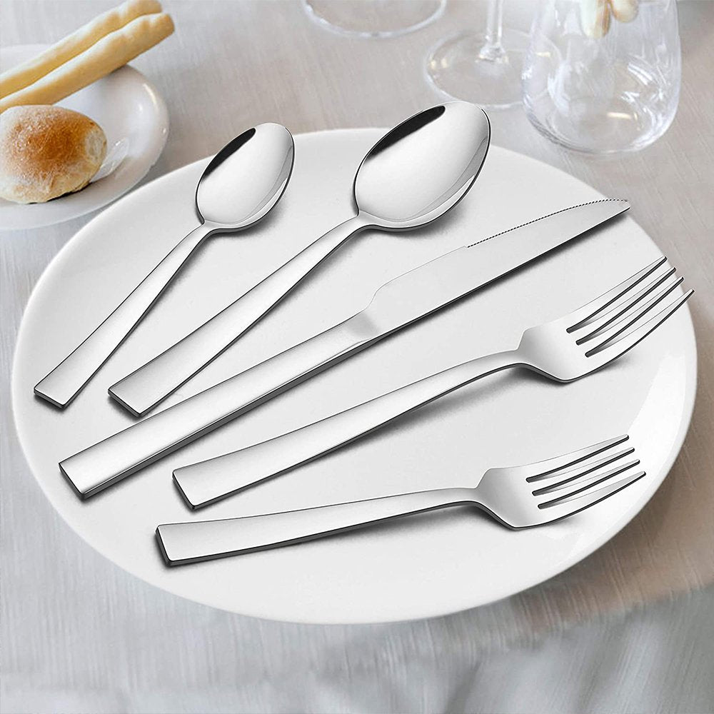 20-Piece Silverware Set, VeSteel Stainless Steel Flatware Set Service for 4, Modern Tableware Cutlery Set Includes Forks, Spoons, Knives, Square Edge & Mirror Finish, Dishwasher Safe