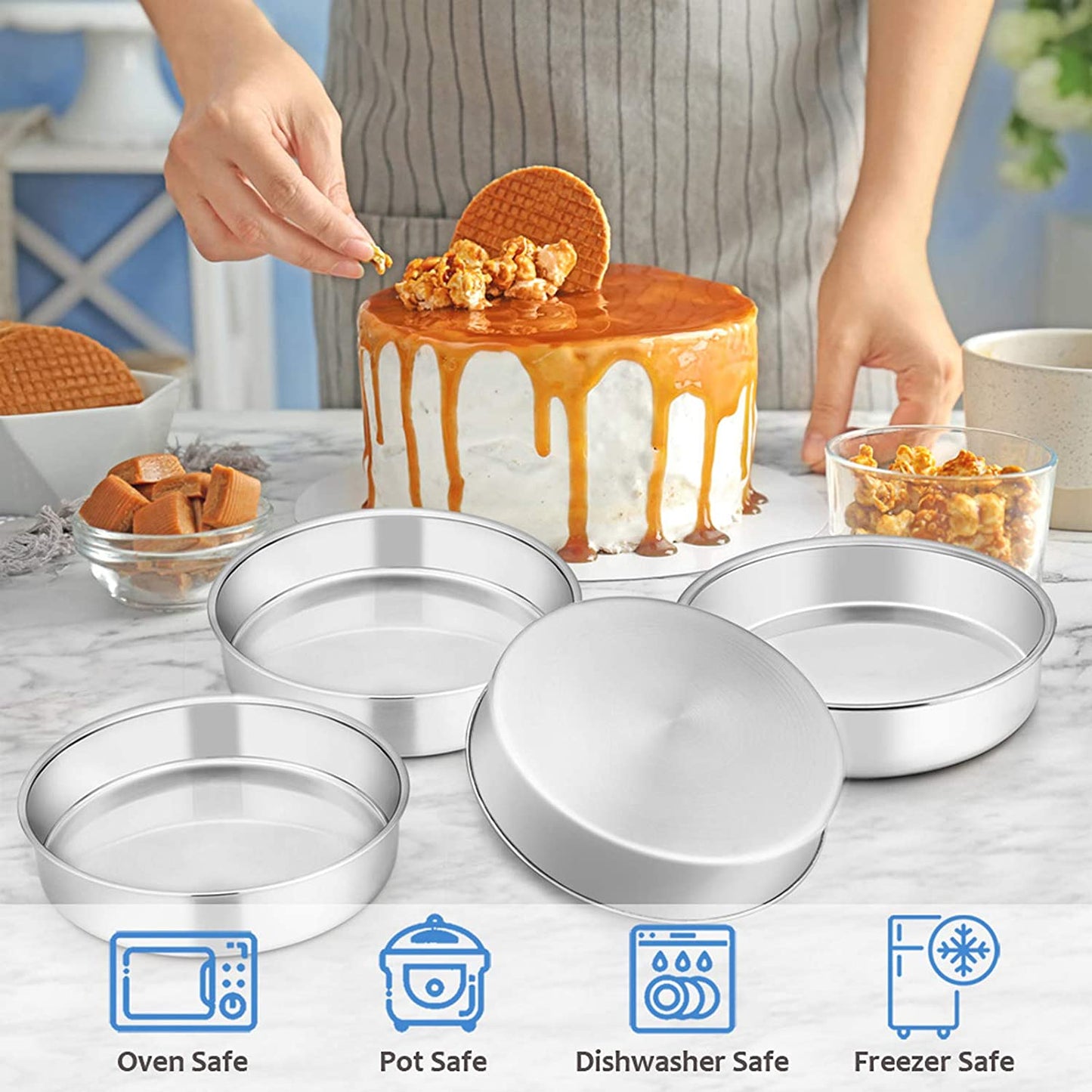 Vesteel 8 inch Cake Pan Set of 4, Stainless Steel Round Layer Cake Baking Pans, Non-Toxic & Healthy, Mirror Finish & Dishwasher Safe