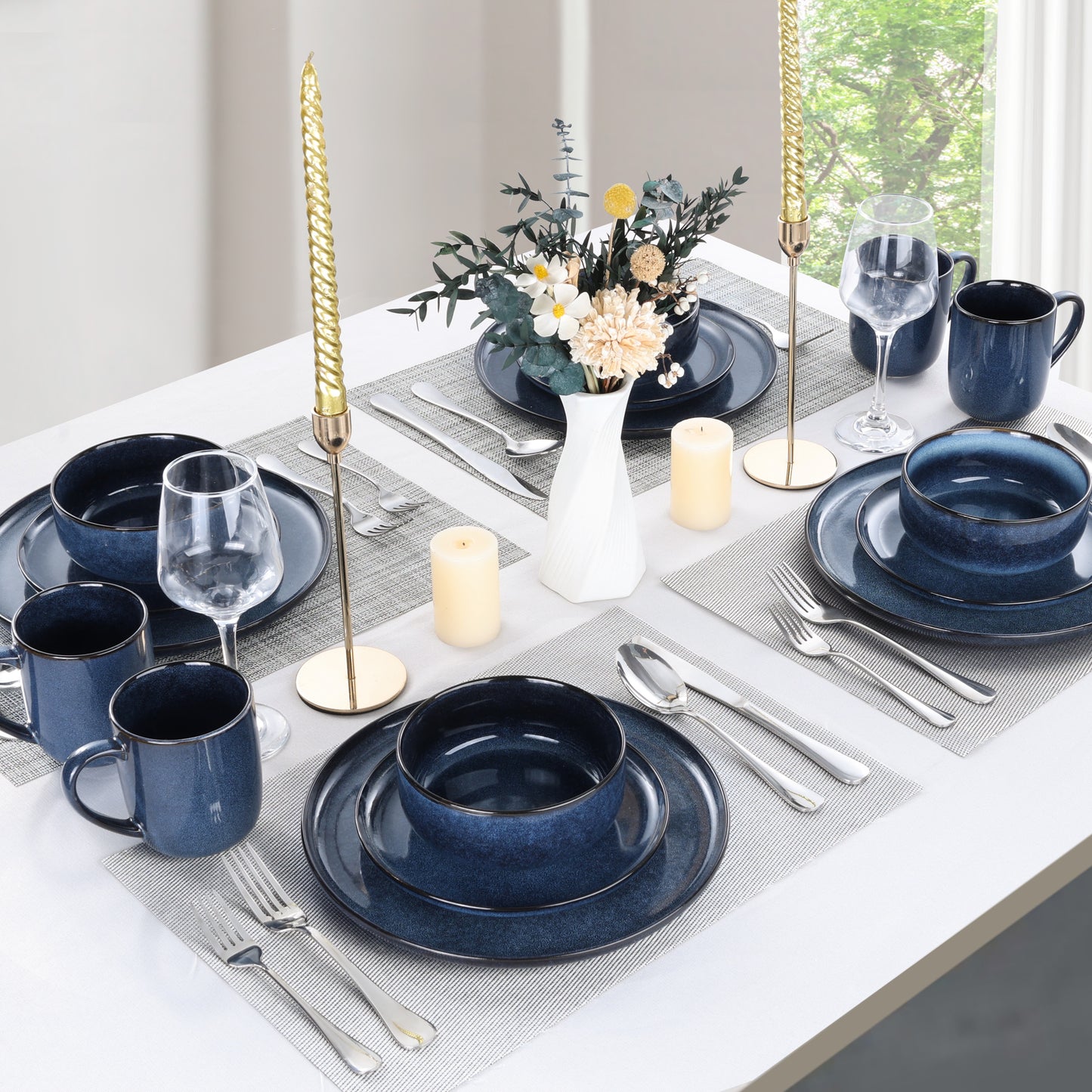 Vesteel 16-Piece Plates and Bowls Sets, Stoneware Dinnerware Sets for 4, Handmade Reactive Glaze Coupe Dishes Set, Chip & Scratch Resistant - Ocean Blue