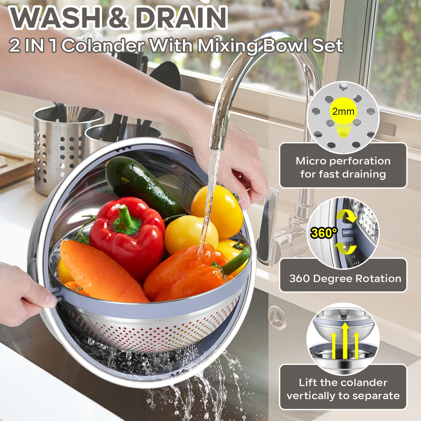 Vesteel Mixing Bowls with Lids Set of 7, Stainless Steel Nesting Bowls with Colander and 3 Graters for Draining Prepping Slicing, Nonslip Bottoms & Airtight Lid, Size 4.6, 2.6, 1.5 Qt, Khaki