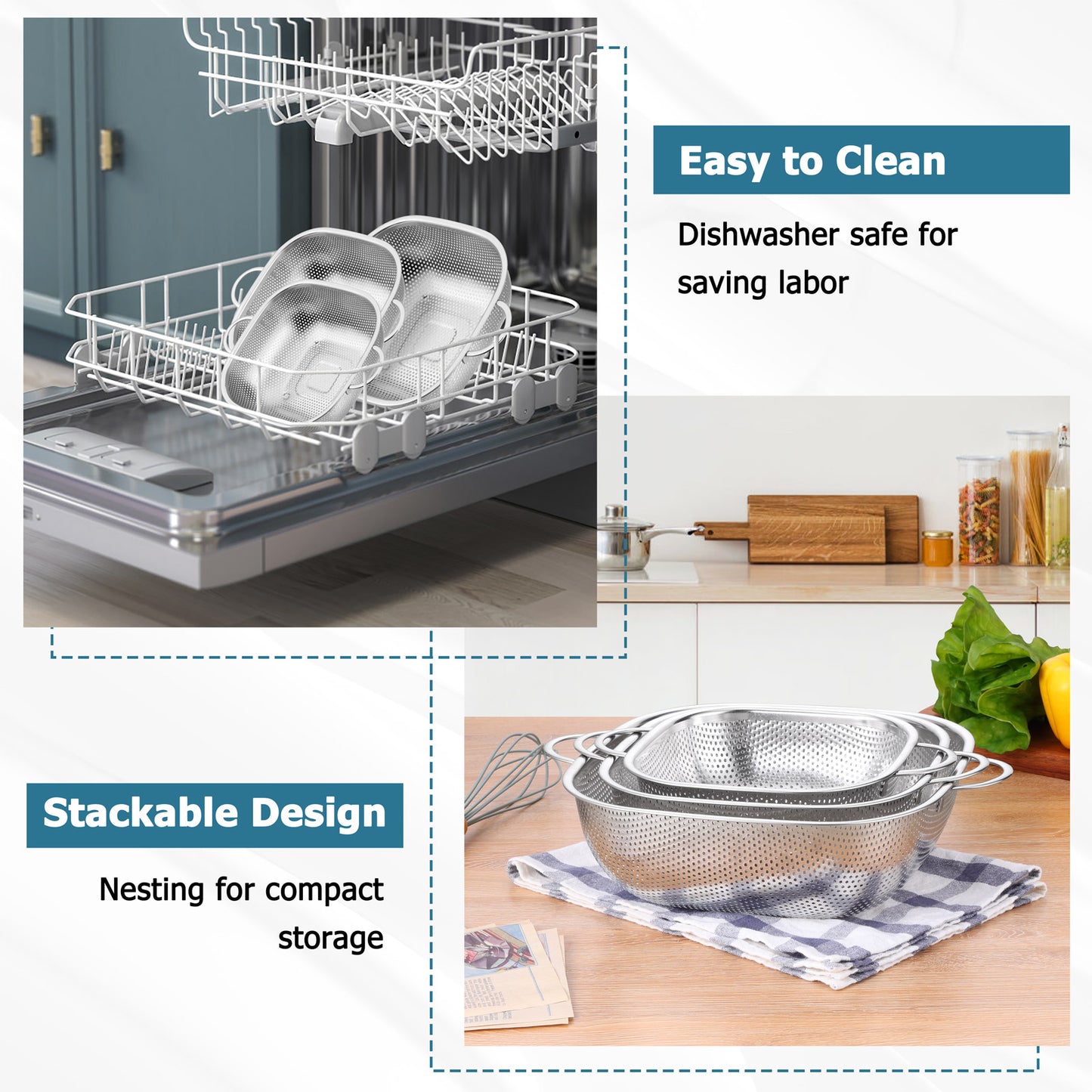 Vesteel Stainless Steel Square Colander Set of 3 (2QT + 3QT + 5QT), Nesting Strainer Baskets with Sturdy Handles, Metal Colanders for Washing, Draining & Rinsing Fruits, Vegetables, Pasta
