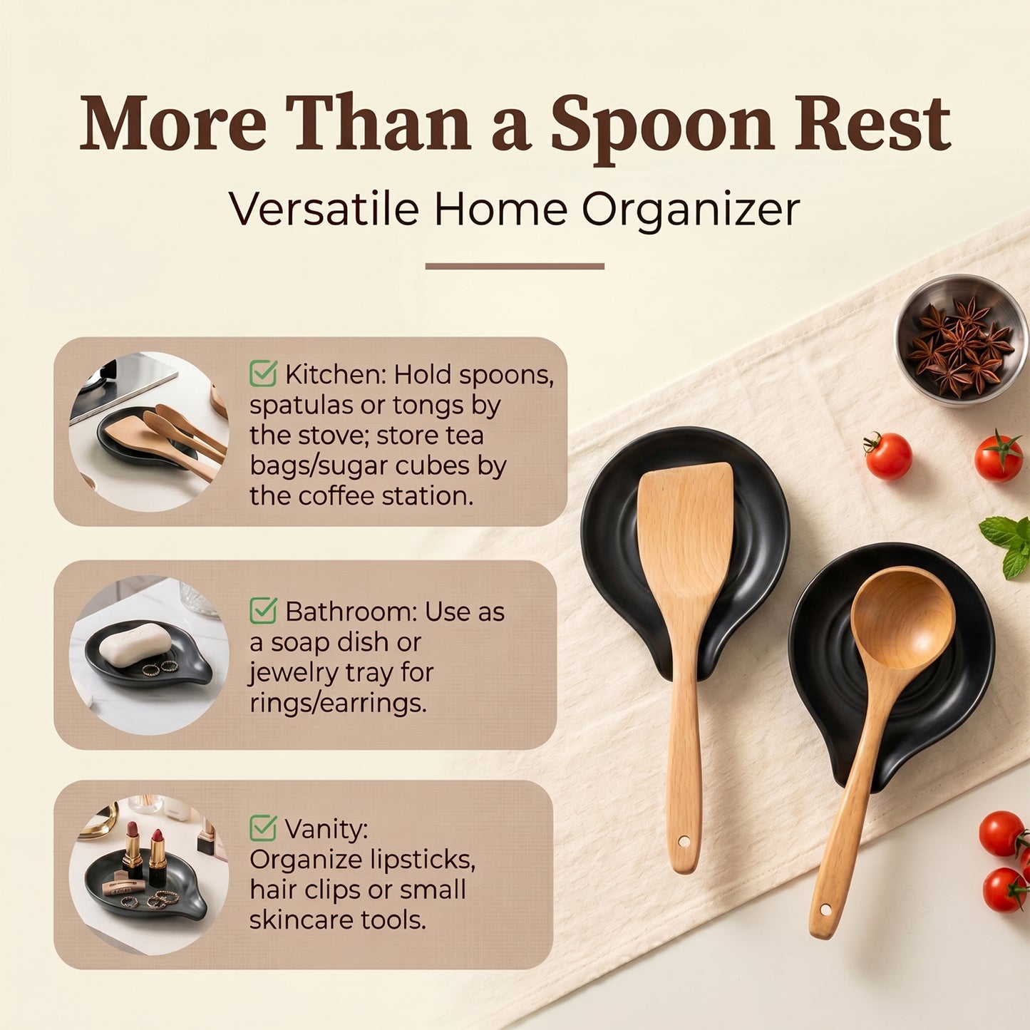 Onader 2-Piece Spoon Rest, 5" Ceramic Spoon Holder for Kitchen Utensils Soup Ladle Slotted Turner Spatula, Cooking Utensil Rest for Kitchen Countertop, Matte Black