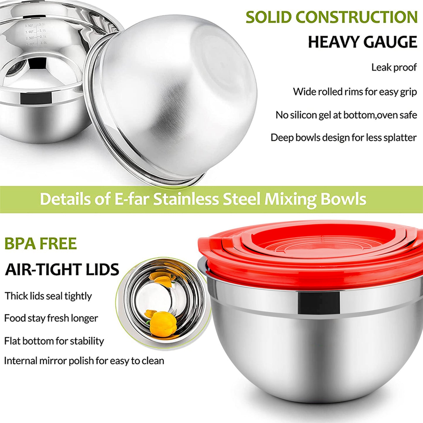 Mixing Bowls with Lids Set of 5, Vesteel Stainless Steel Mixing Bowls Metal Nesting Salad Bowls, Size 4.5, 3, 1.5, 1, 0.7 QT Great for Cooking, Baking, Serving - Red