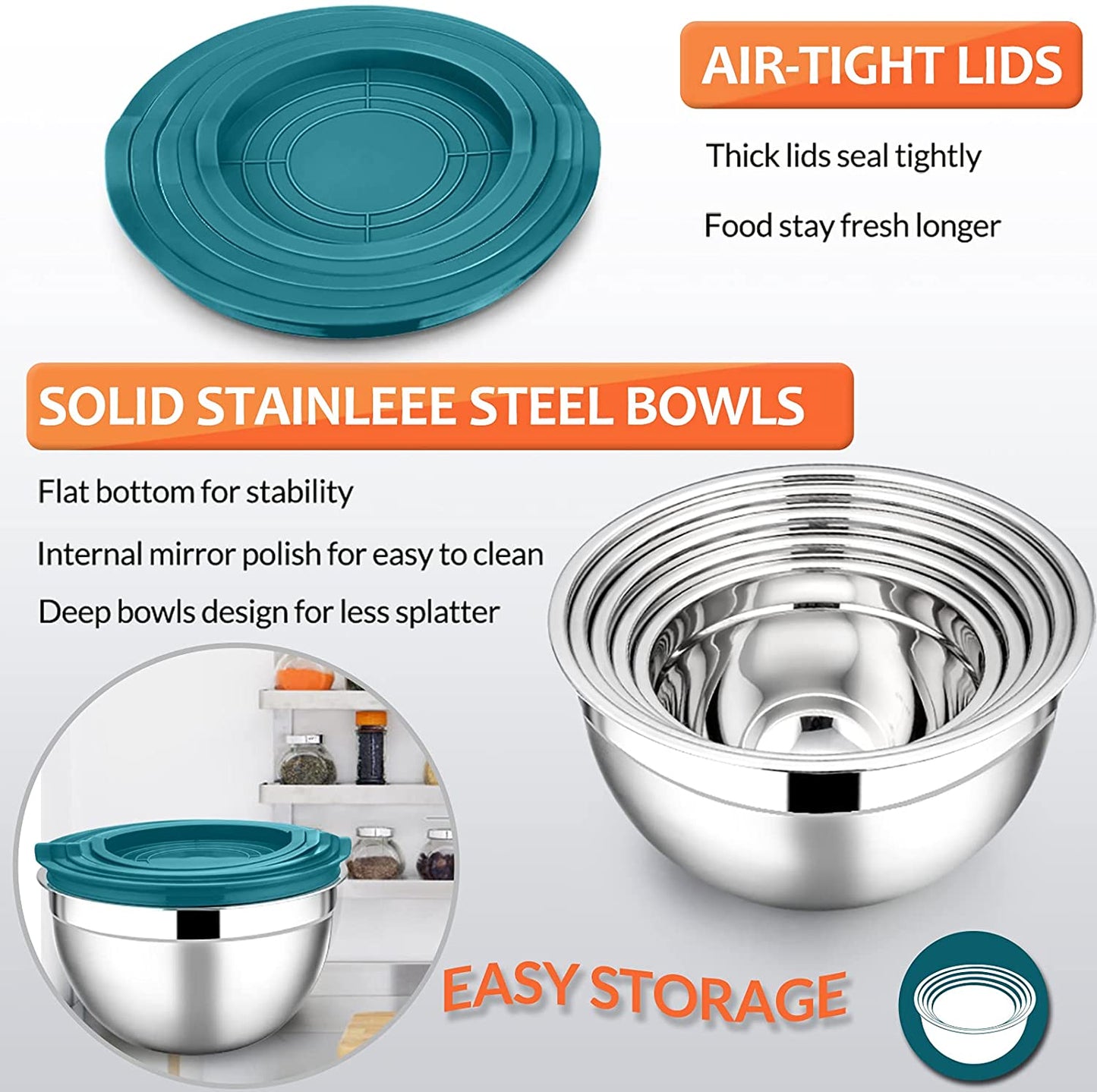 Mixing Bowls with Lids Set of 5, Vesteel Stainless Steel Mixing Bowls Metal Nesting Salad Bowls, Size 4.5, 3, 1.5, 1, 0.7 QT Great for Cooking, Baking, Serving - Blue