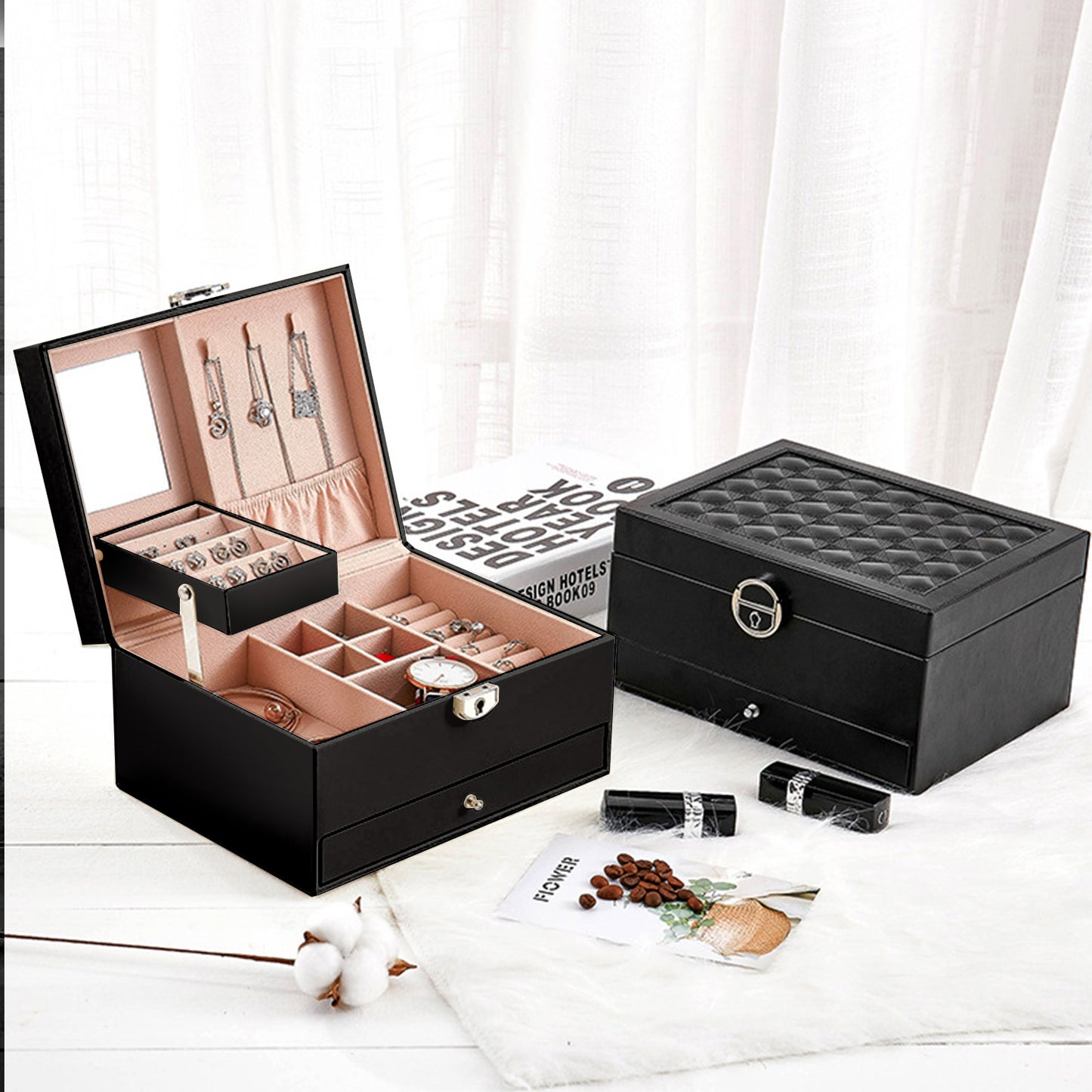 Vesteel Jewelry Box, 2-Layer Leather Jewelry Storage Organizer with Lock Drawer Built-in Mirror, Jewelry Case for Rings Necklaces Earrings Watches - Black
