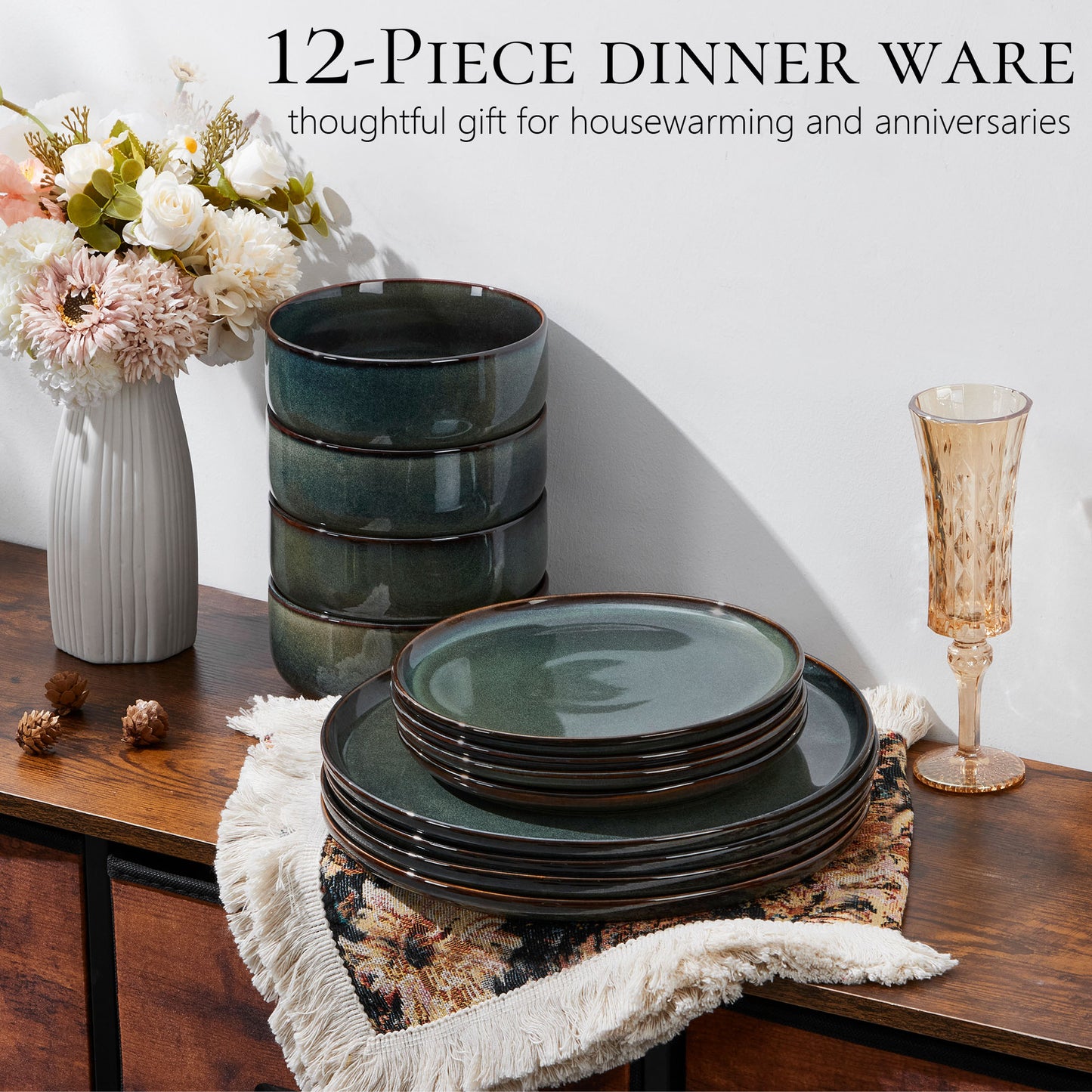 Vesteel Dinnerware Sets for 4, 12-Piece Stoneware Dish and Bowls Set, Handmade Reactive Glaze Coupe Plates Set for Family, Chip & Scratch Resistant - Sage Green