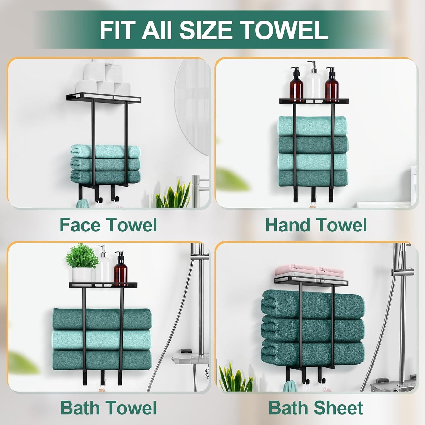 Towel Racks for Bathroom, Vesteel Wall Mounted Towel Rack with Metal Shelf and 3 Hooks, 15 Inch Rolled Towel Holder Bath Storage Organizer, Vertical Rack for Small Space Bathroom Wall Decor, Black