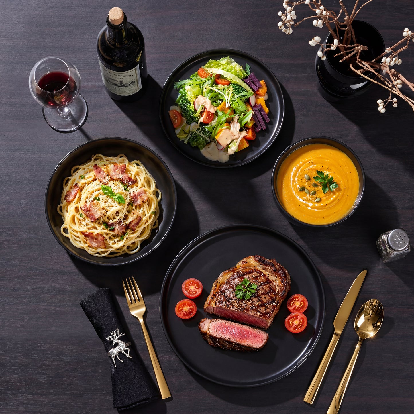 Onader 8-Piece Dinnerware Set, Ceramic Plate and Bowls Set for 2, Scratch Resistant Tableware Dishes Set for Kitchen Restaurant, Microwave & Dishwasher Safe - Matte Black