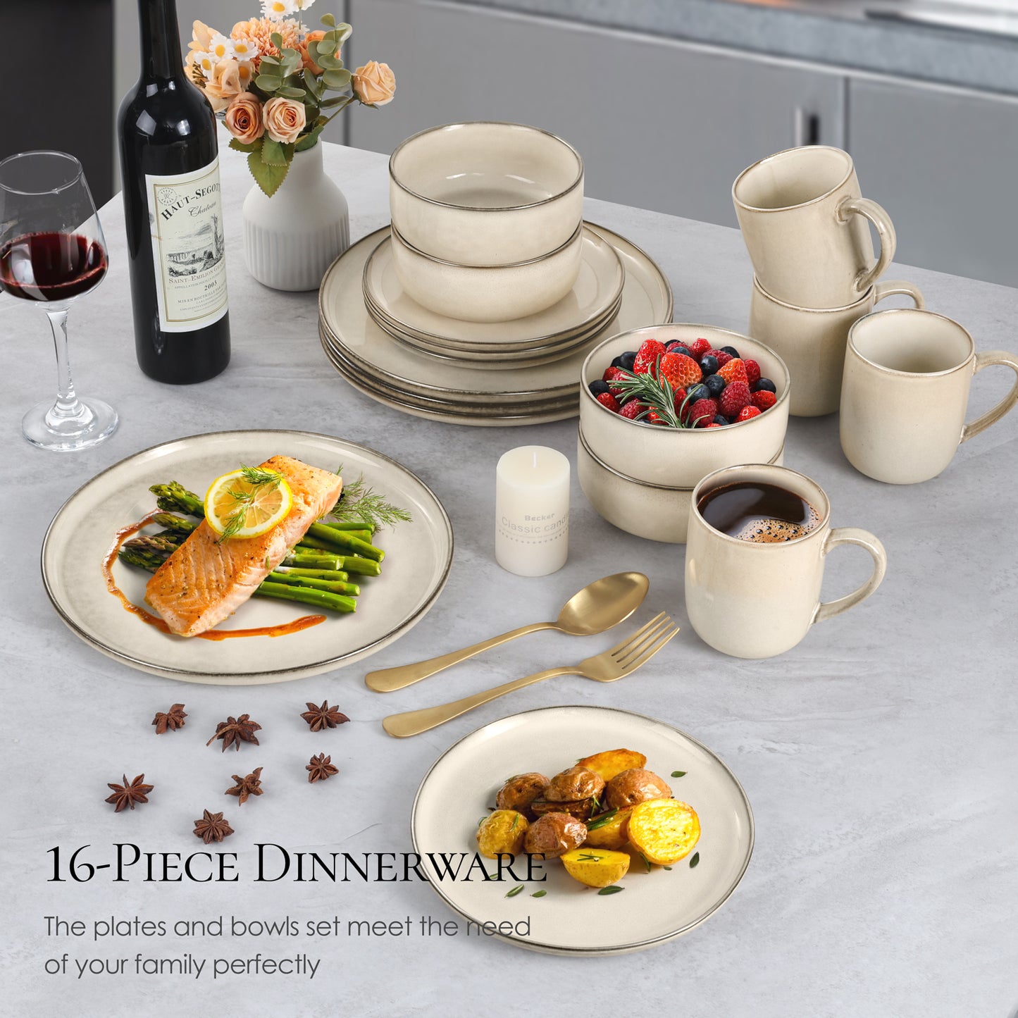 Vesteel Dinnerware Sets for 4, 16-Piece Stoneware Dish and Bowls Set, Handmade Reactive Glaze Coupe Plates Set, Chip & Scratch Resistant - Khaki