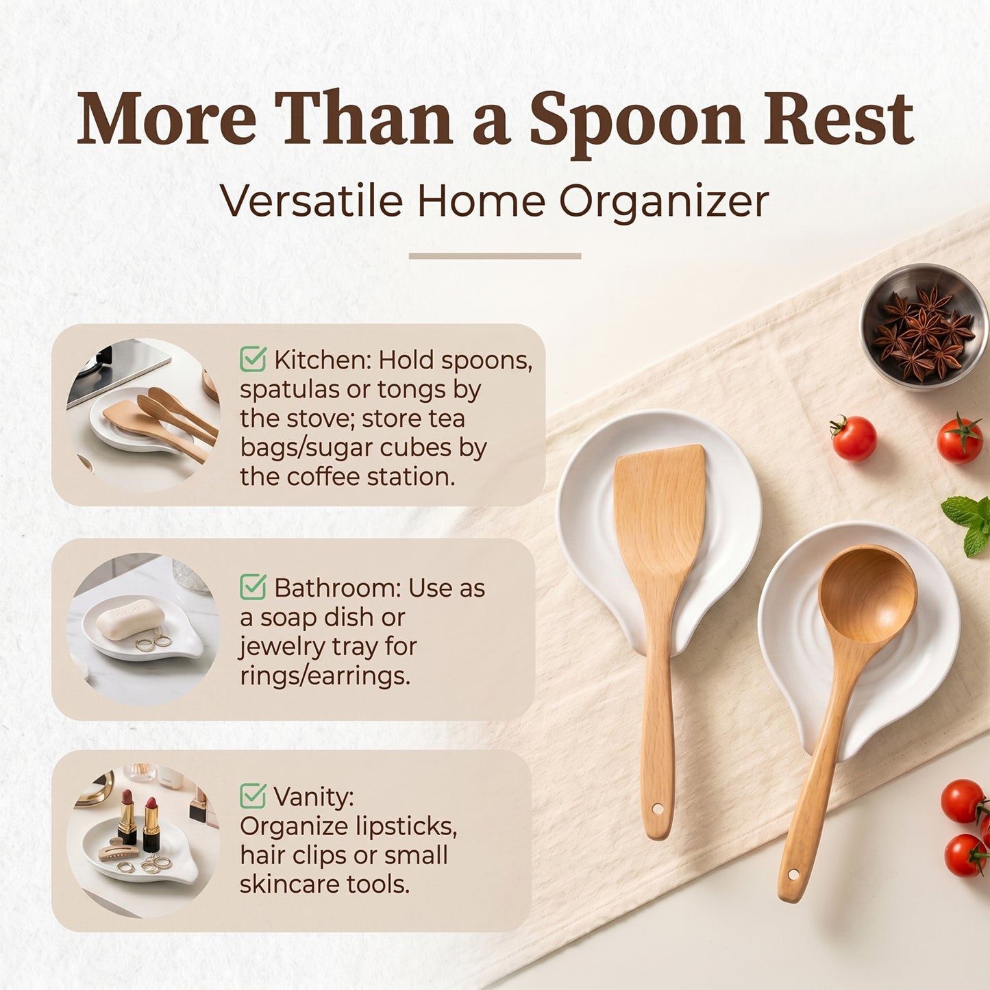 Onader 2-Piece Spoon Rest, 5" Ceramic Spoon Holder for Kitchen Utensils Soup Ladle Slotted Turner Spatula, Cooking Utensil Rest for Kitchen Countertop, Seashell White