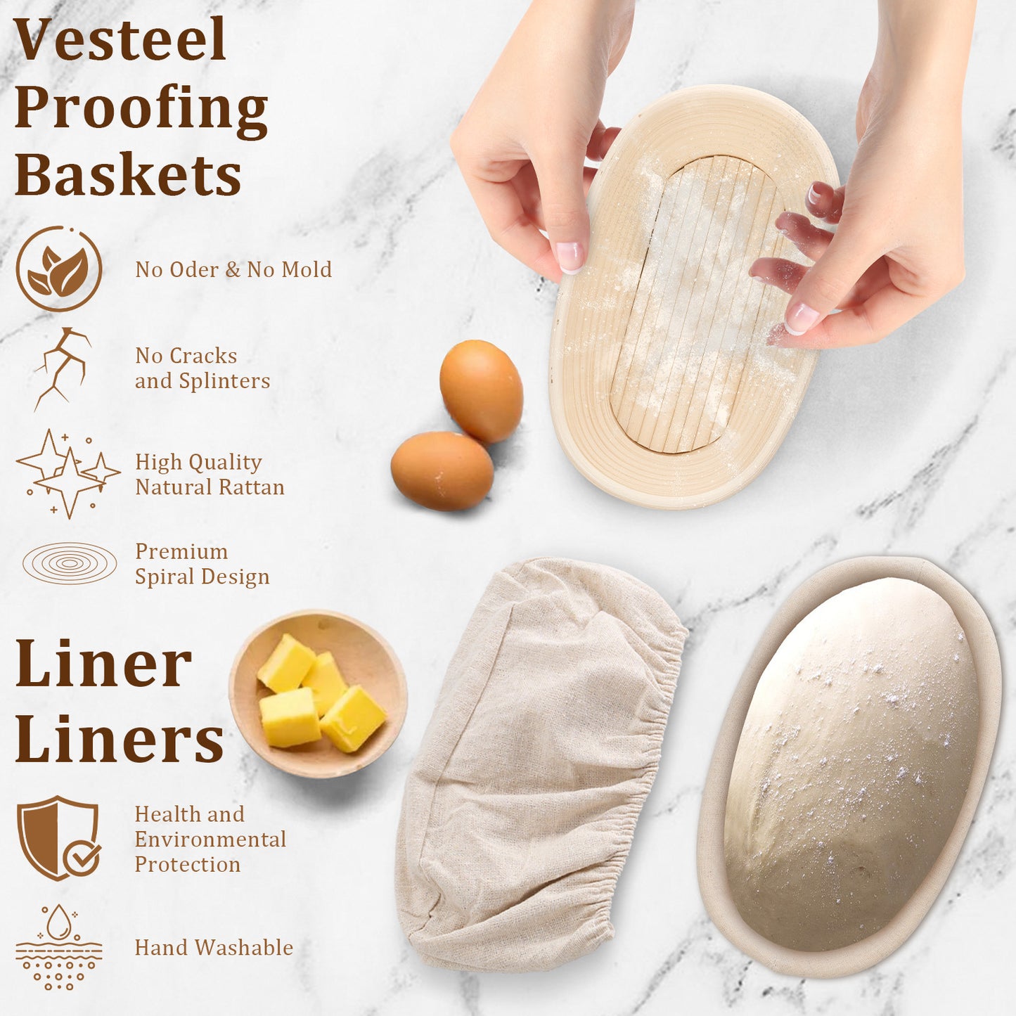 Vesteel Bread Proofing Basket Set of 2, 9” Round and 10” Oval Banneton Bread Baking Baskets with Liner, Baking Supplies Tools Included for Fermenting Baking Dough