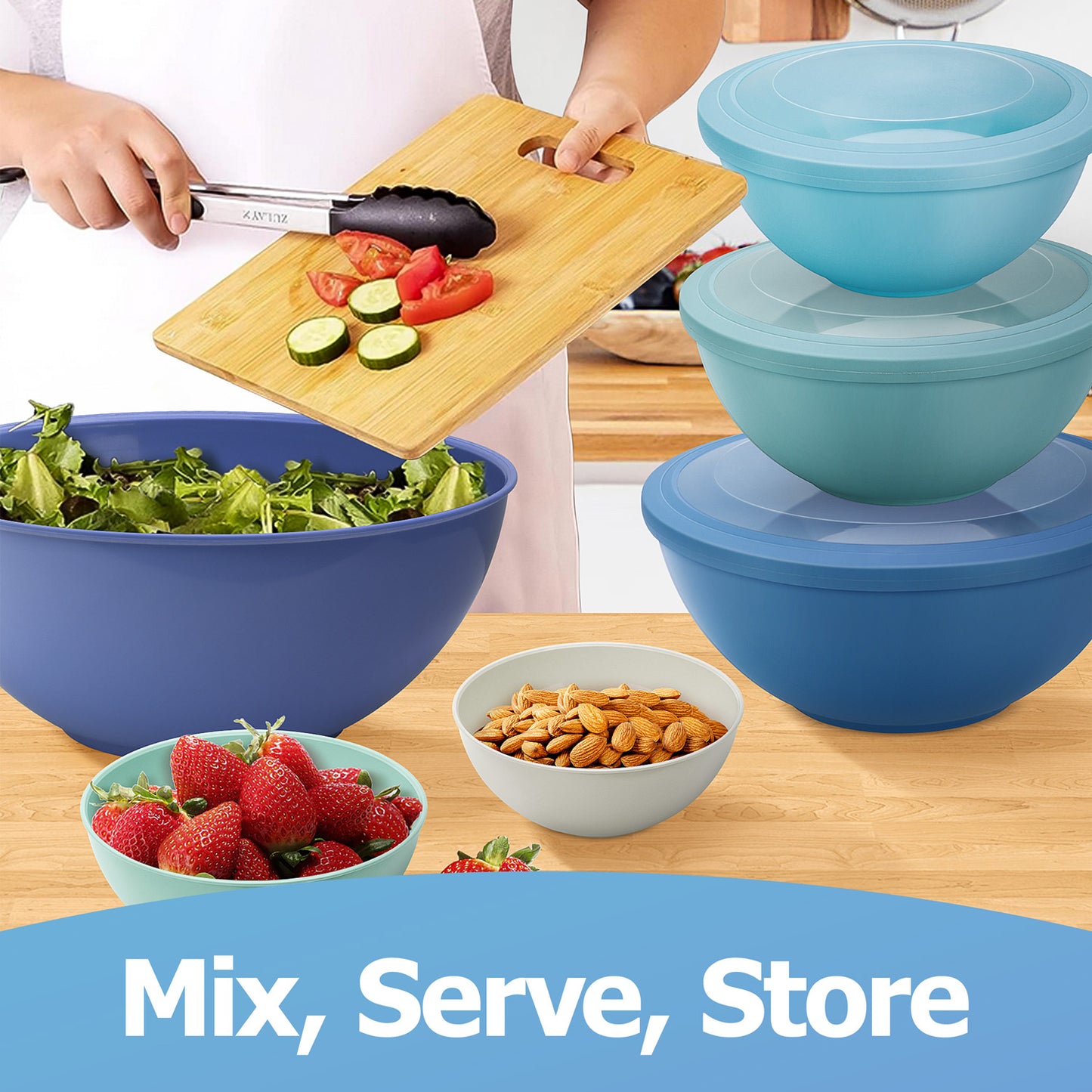 Vesteel 6Pcs Mixing Bowl Set with Lids, Plastic Nesting Bowls for Mixing, Storage, Kitchen Prepping, Serving Food, Microwave & Dishwasher Safe - Blue
