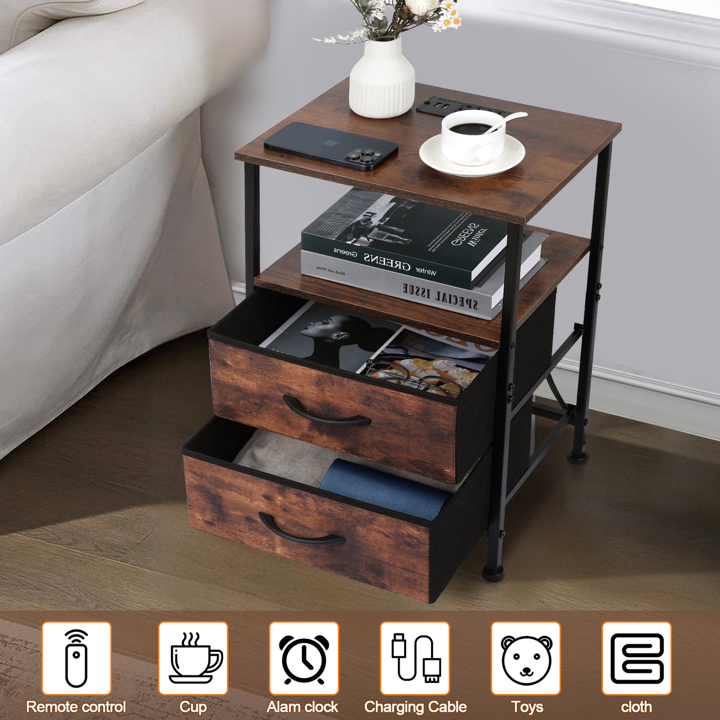 Vesteel Night Stand With Charging Station, Bed Side Table with 2 Fabric Drawers & 2-Tier Shelves, End Table with Sturdy Steel Frame for Bedroom Office Hallway Living Room - Rustic Brown