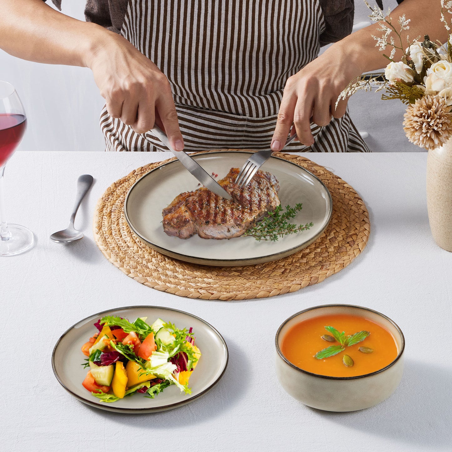 Onader 12 Piece Dinnerware Sets, Plates and Bowls Set for 4, Handmade Stoneware Dishes Sets for Home Restaurant, Dishwasher & Microwave Safe - Khaki