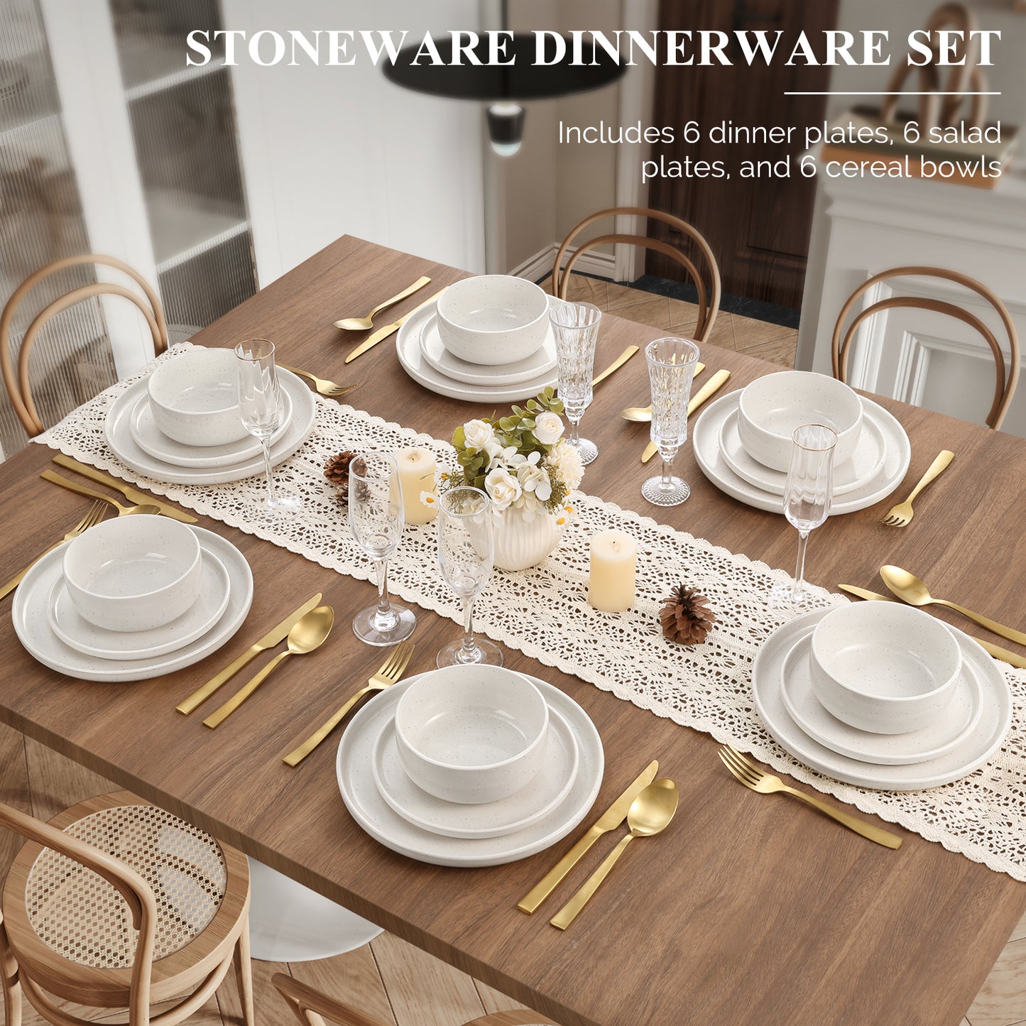 Vesteel 18-Piece Dinnerware set, Ceramic Plates and Bowls set for 6, Speckled Stoneware Dishes Set for Family, Microwave & Dishwasher Safe - Speckled White