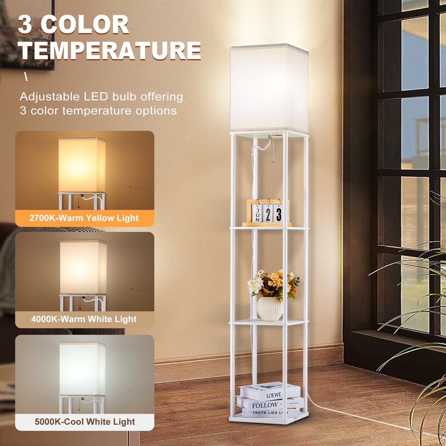 Vesteel Floor Lamp for Living Room, Standing Lamp with 3 Color Adjustable LED Bulb, Modern Square Lamp with 3-Tier Shelves for Bedroom Office Kid Room