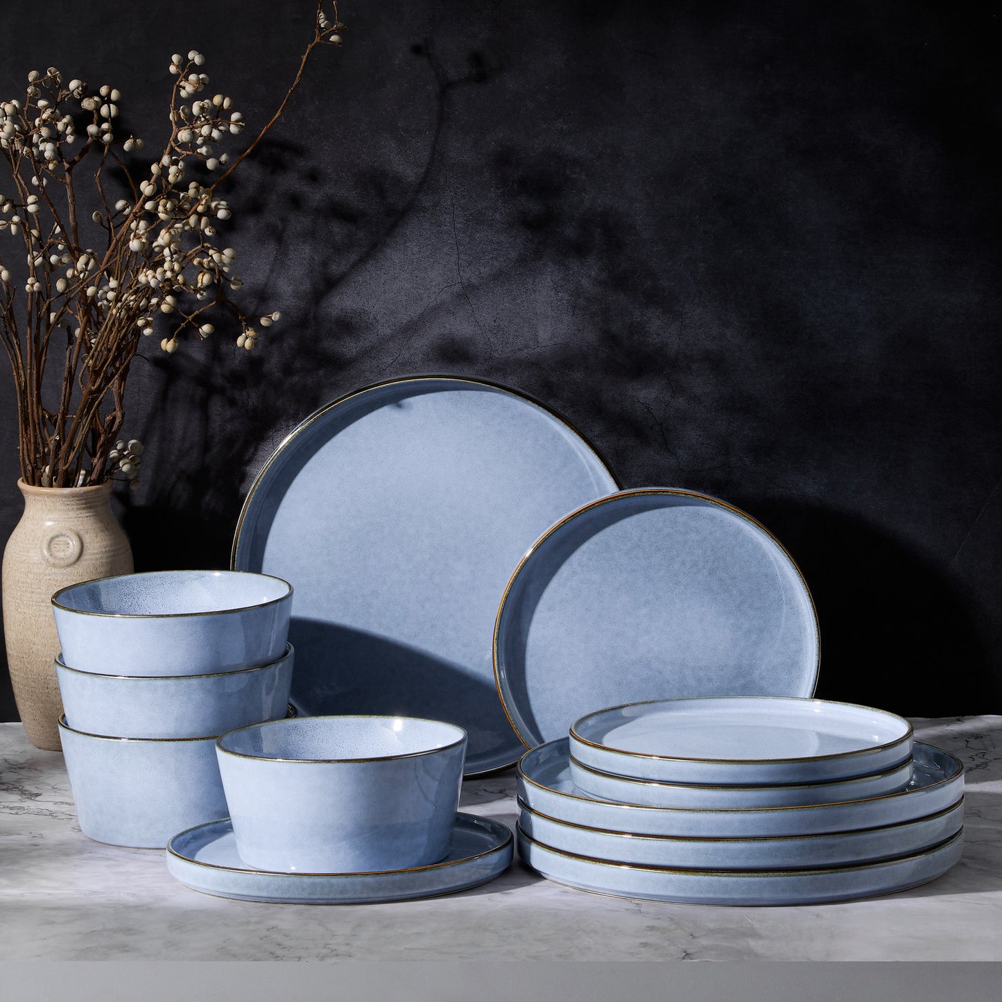 Vesteel 12Pcs Dinnerware Sets, Ceramic Plates and Bowls Sets for 4, Handmade Reactive Glaze Coupe Dishes Set for Kitchen Dining, Microwave, Uranus Blue