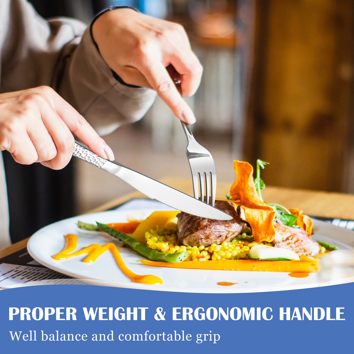 Vesteel 12-Piece Dinner Knives Set, 8.9 inch Stainless Steel Hammered Table Cutlery Knife Set, Mirror Finish & Dishwasher Safe