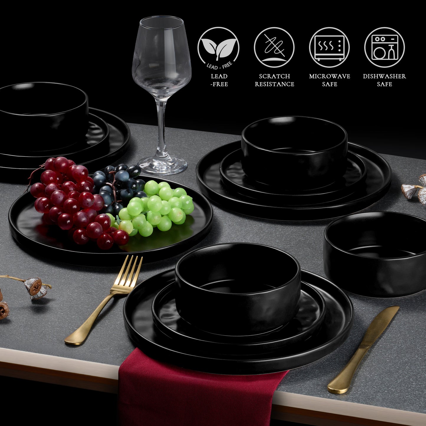 Vesteel Dinnerware Sets, 12-Piece Stoneware Plates and Bowls Set, Dishes Set for 4, Elegant Ceramic Dinnerware for Home Restaurant - Matte Black