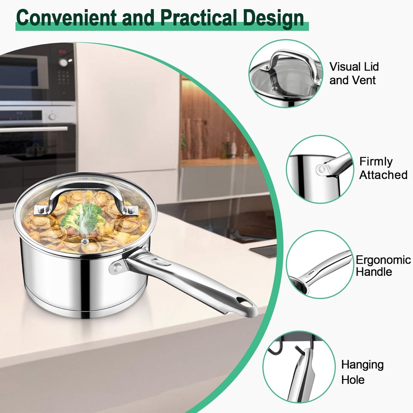 Vesteel 2QT Saucepan with Lid, Stainless Steel Small Sauce Pan, Tri-ply Composite Bottom, Heavy Duty Induction Cooking Pot for Warming Milk, Making Pasta, Boiling Soup, Dishwasher Safe
