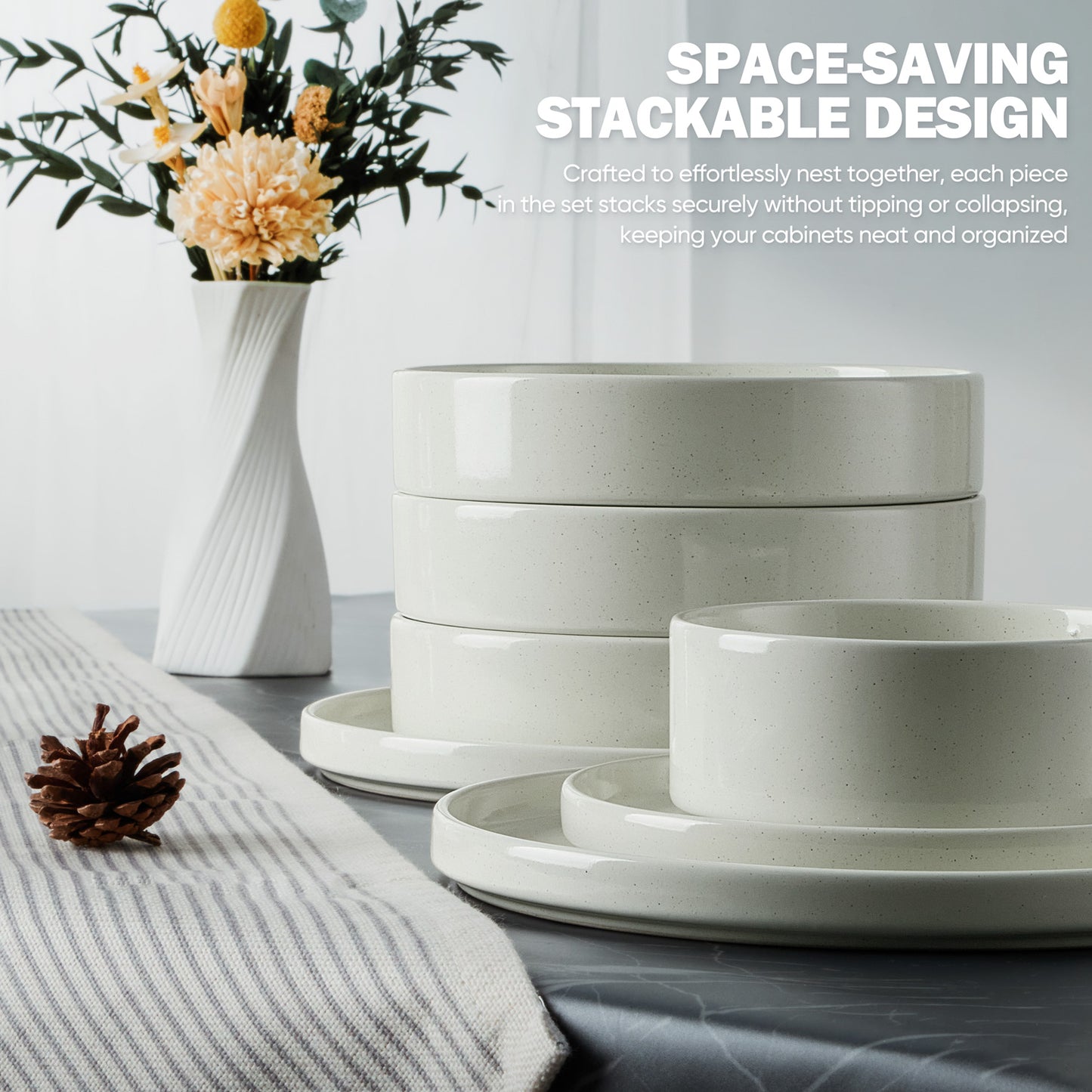 Vesteel 16 Pieces Dinnerware Sets, Premium Stoneware Dishes Set for 4, Speckled Plates and Bowls Set for Home Restaurant, Microwave and Dishwasher Safe - Off-white