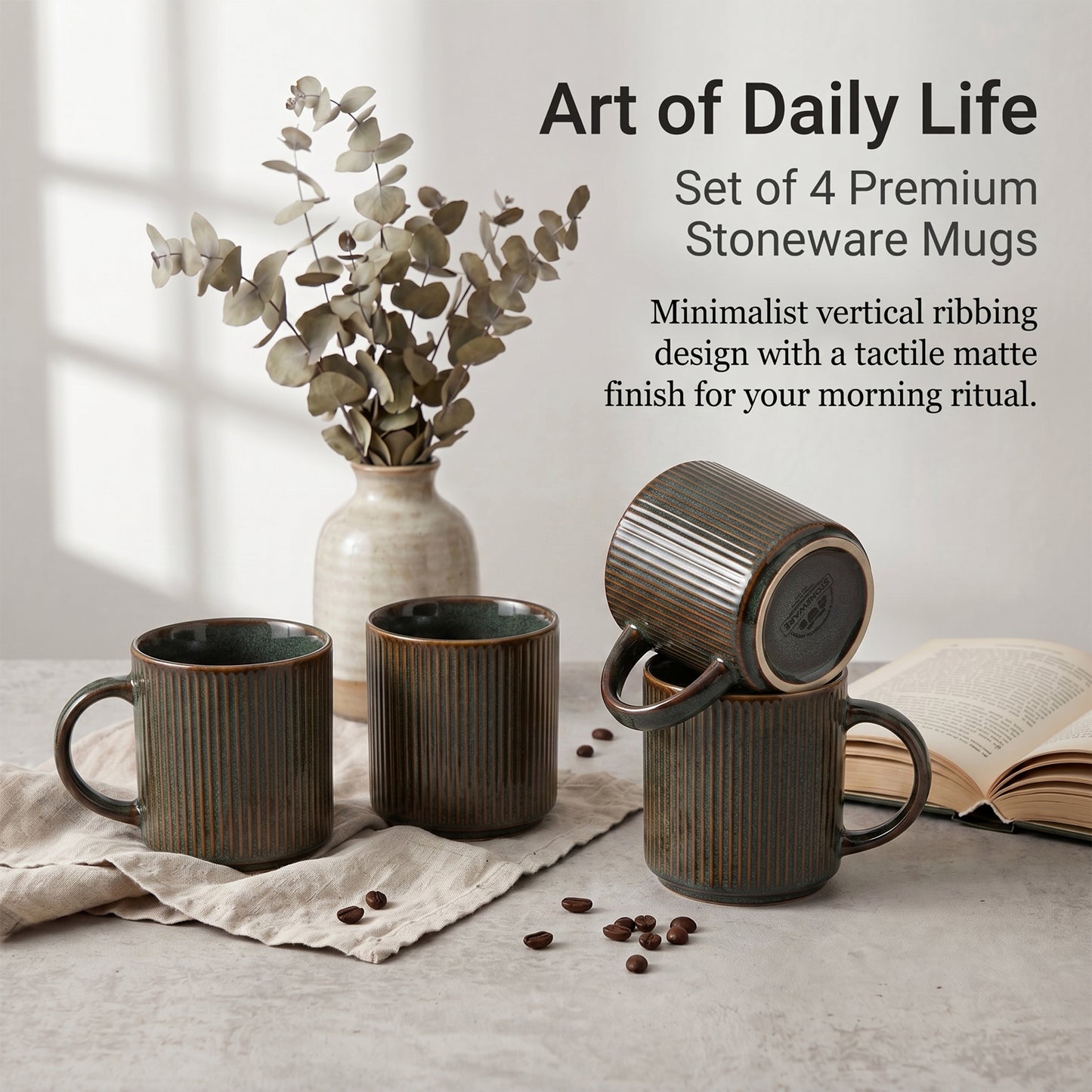 Onader 4-Pieces Coffee Mugs Set, Water Cups with Large Handle, 12 oz Ceramic Mugs Suitable for Tea Milk Latte, Stain-Resistant & Microwave Safe, Blackish Green