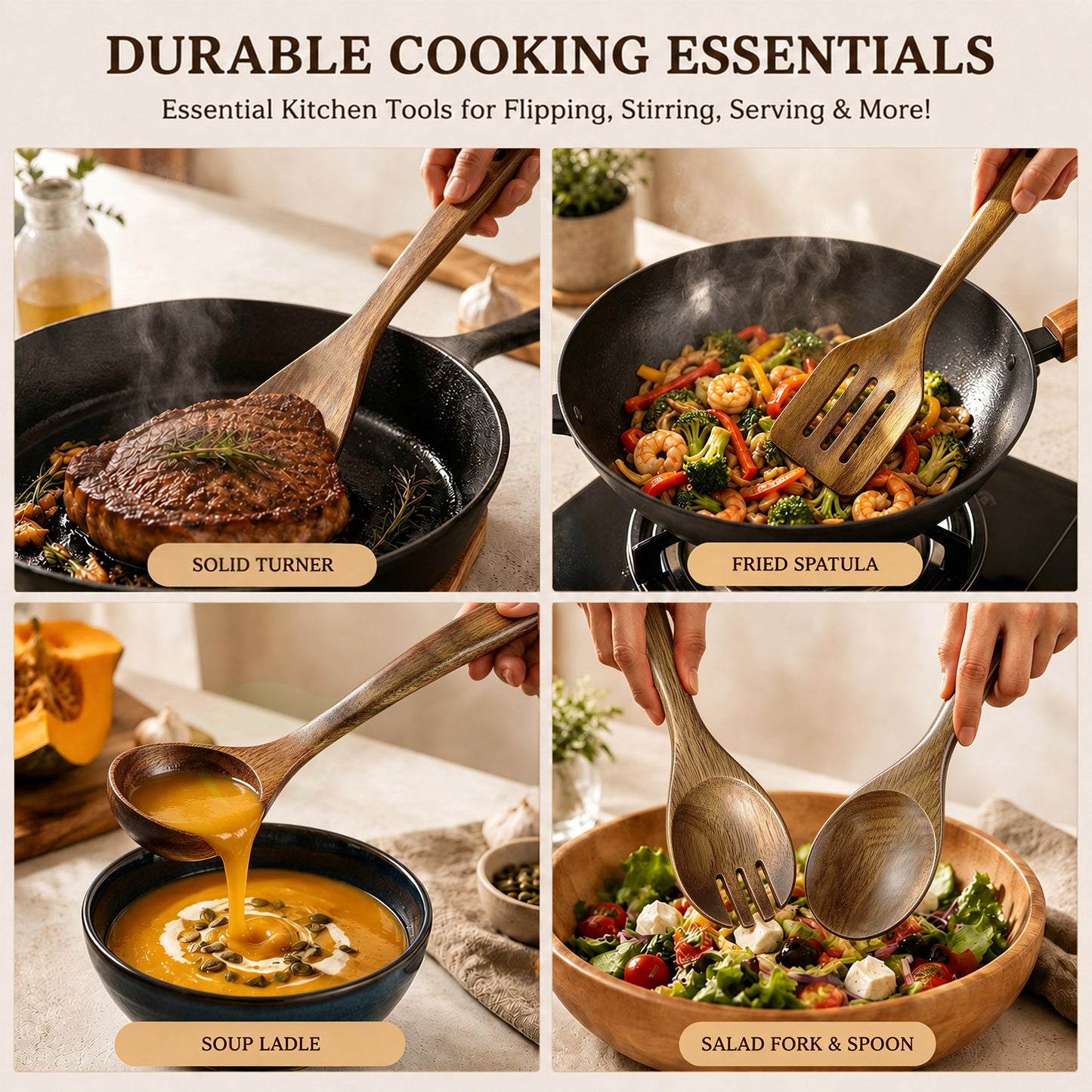 Vesteel 6-Piece Wooden Spoons for Cooking, Natural Acacia Wooden Kitchen Utensil Set, Non-Stick Kitchen Spoon&Spatula, Heat-Resistant Cooking Utensils Safe for Nonstick Cookware & Easy to Clean