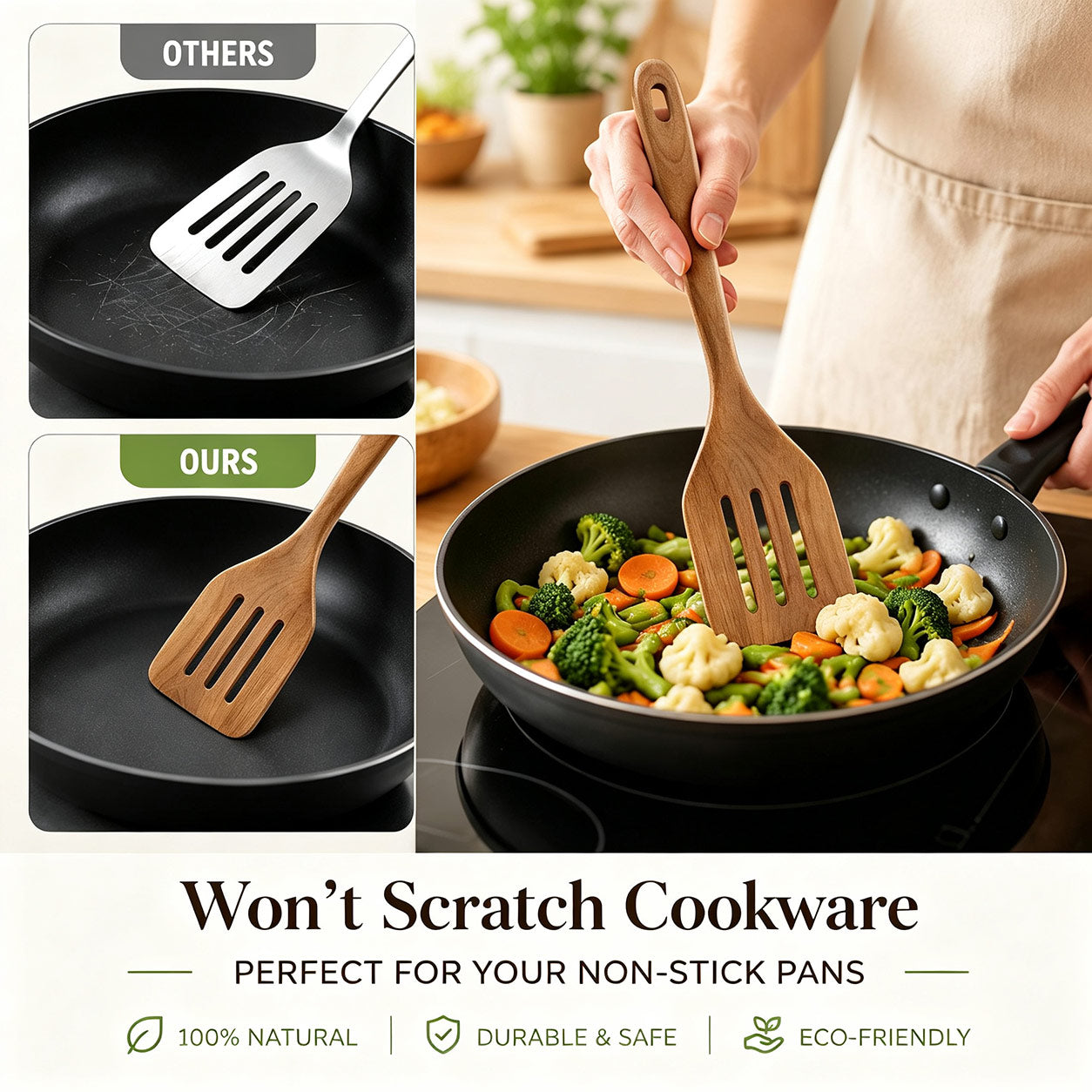 Vesteel 2-Piece Wooden Spatula Set, 12.2 Inch Acacia Wood Solid & Slotted Turners for Cooking Frying, Heat Resistant Kitchen Cooking Utensils Safe for Non-Stick Cookware, Easy to Clean