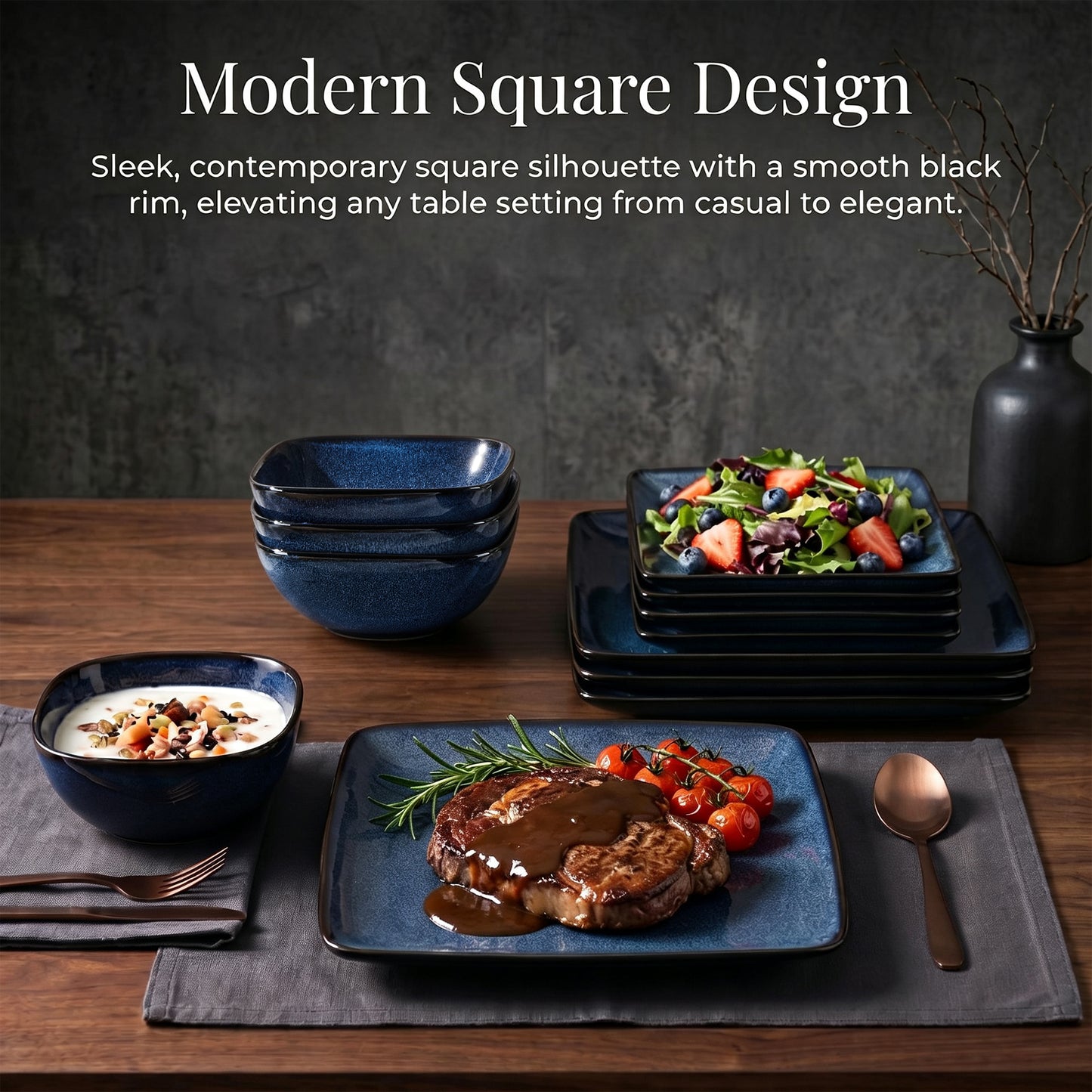 Onader 12 Piece Dinnerware Sets, Reactive Glaze Plates and Bowls Set for 4, Dishes Sets Serve for Steak Salad Soup, Scratch Resistant & Microwave Safe, Starry Blue
