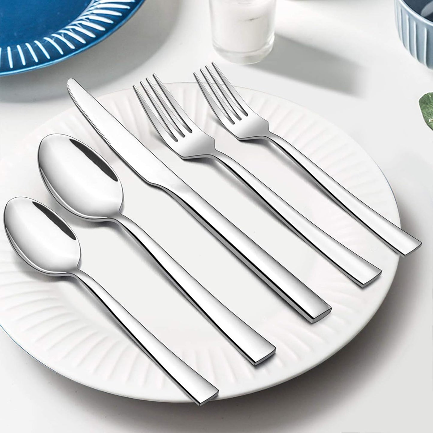 60-Piece Silverware Set, Vesteel Stainless Steel Flatware Set Service for 12, Modern Tableware Cutlery Set for Home and Restaurant, Square Edge & Mirror Finish, Dishwasher Safe