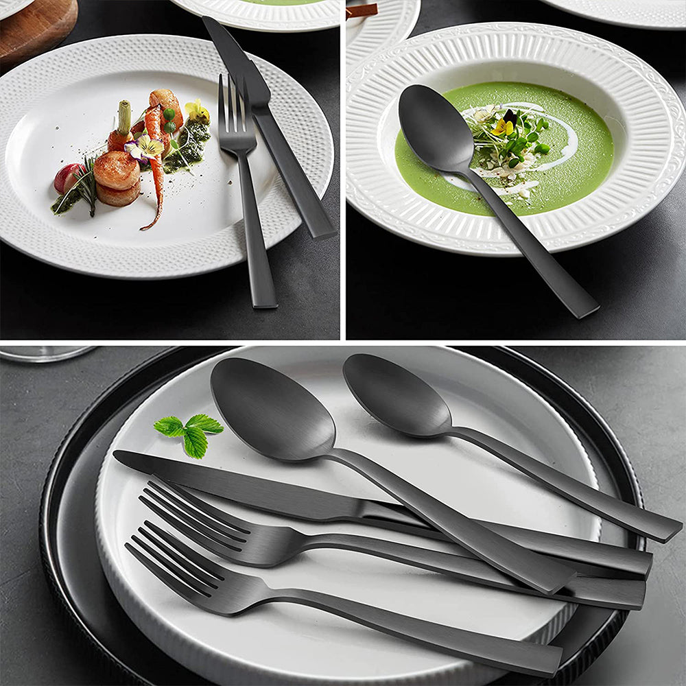 VeSteel 60-Piece Matte Black Silverware Set, Stainless Steel Flatware Set Service for 12, Metal Cutlery Eating Utensils Tableware Includes Forks/Spoons/Knives, Square Edge