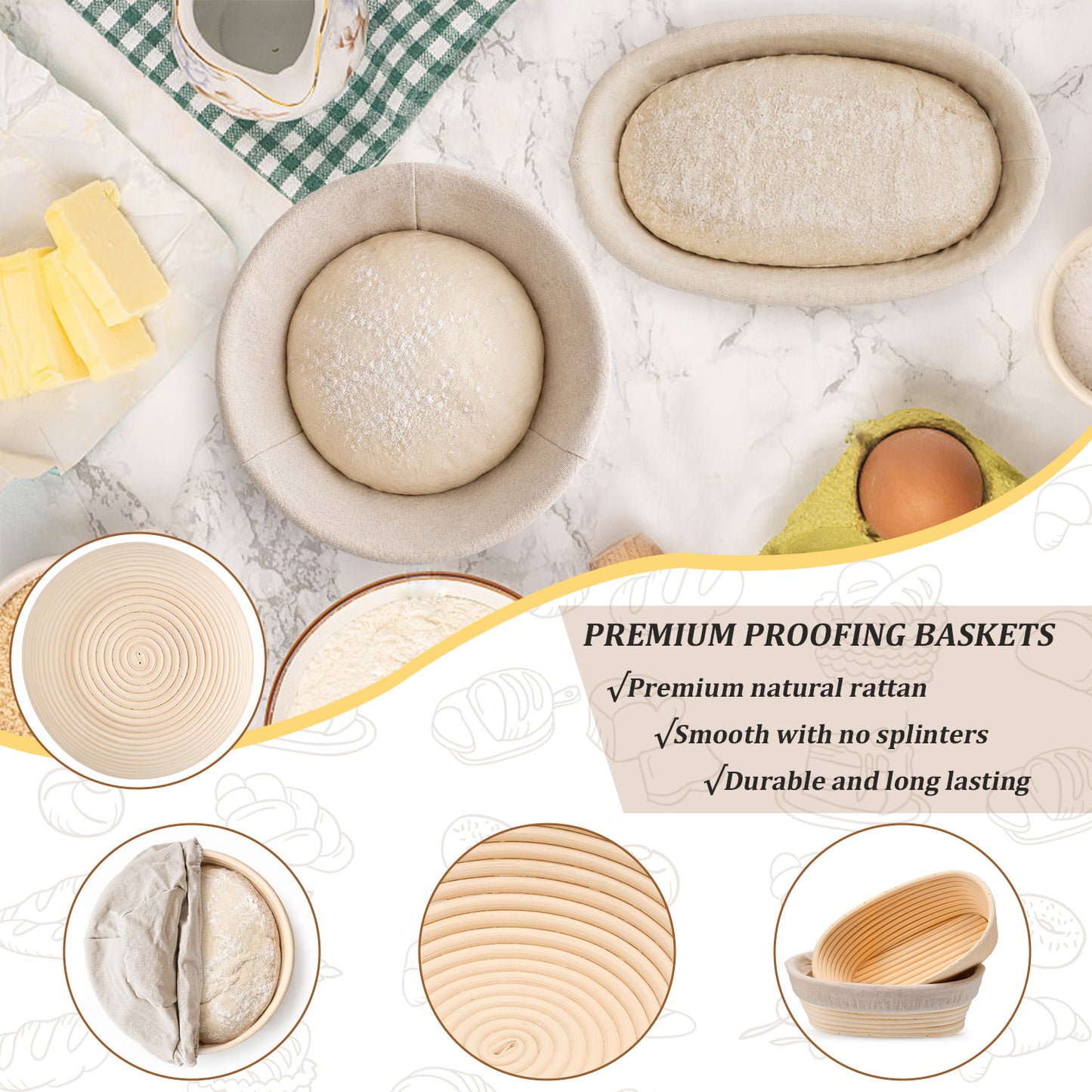 Vesteel Bread Proofing Basket Set of 2, 9” Round and 10” Oval Banneton Bread Baking Baskets with Liner, Baking Supplies Tools Included for Fermenting Baking Dough