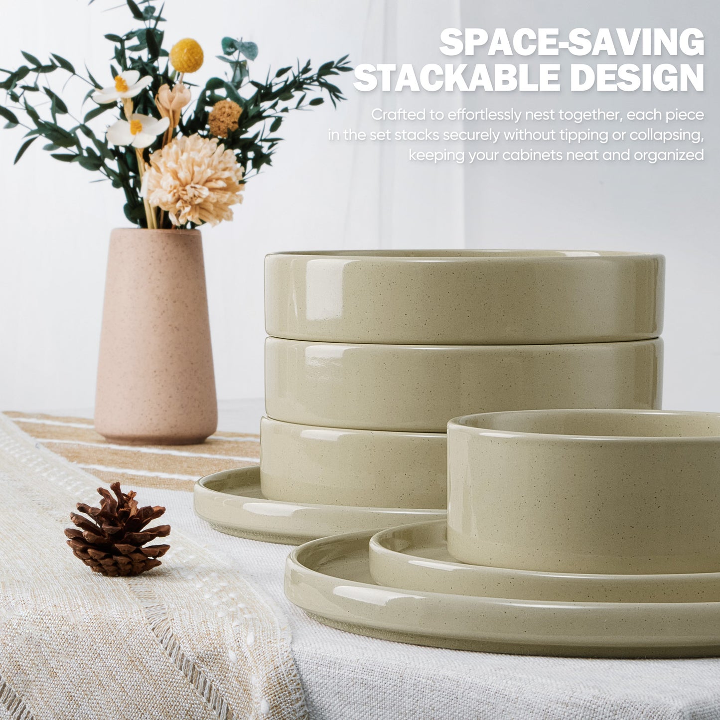 Vesteel 16 Pieces Dinnerware Sets, Premium Stoneware Dishes Set for 4, Speckled Plates and Bowls Set for Home Restaurant, Microwave and Dishwasher Safe - Khaki