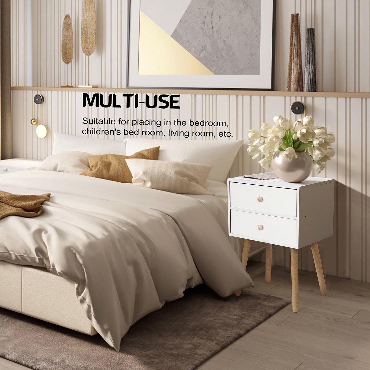 Vesteel 2 Drawer Nightstand, Modern End Table with 2 Drawers, White Bedside Furniture Dresser for Bedroom, Living Room