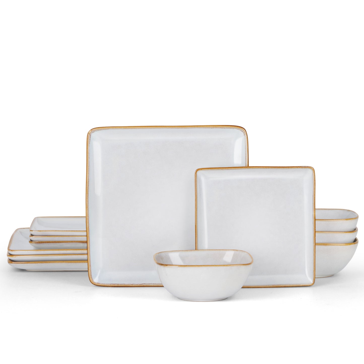 Vesteel Square Dinnerware Sets for 4, 12-Piece Stoneware Dish and Bowls Set, Handmade Reactive Glaze Coupe Plates Set, Chip & Scratch Resistant - Seashell White