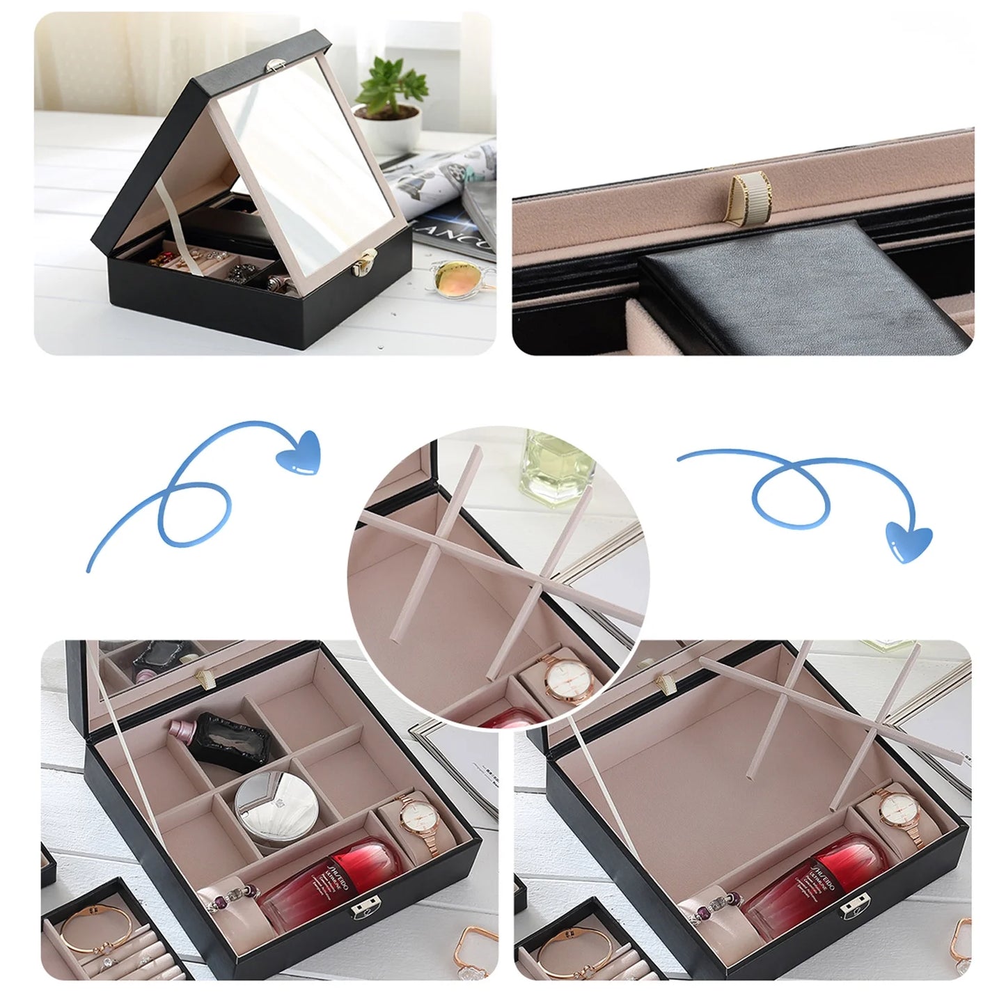 Vesteel Jewelry Box, 2-Layer Jewelry Storage Organizer with Built-in Mirror, Lockable Jewelry Case for Women Girl - Black