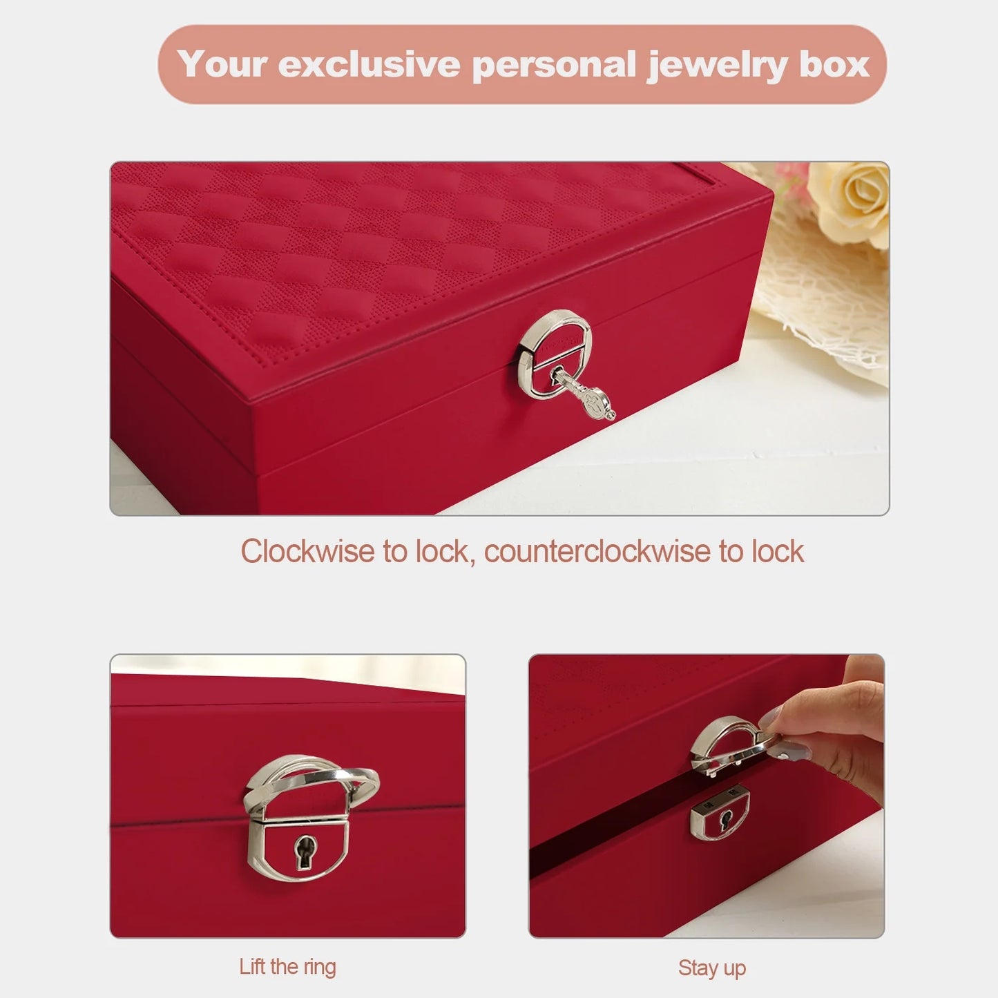 Vesteel Jewelry Box, 2-Layer Jewelry Storage Organizer with Built-in Mirror, Lockable Jewelry Case for Women Girl - Red