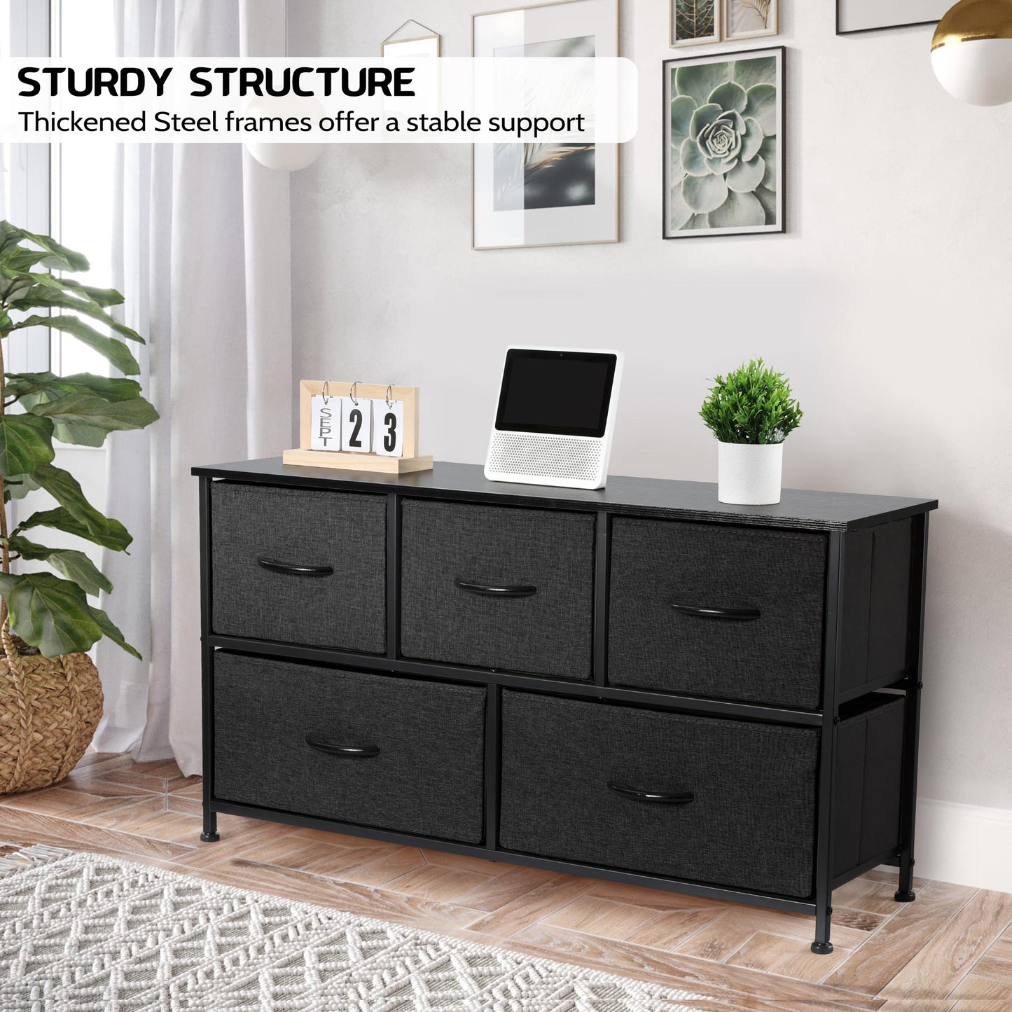 Vesteel 5 Drawers Dresser, Wide Chest of Drawers Fabric Dresser with Wood Top and Sturdy Steel Frame, Storage Organizer Unit for Closet, Living Room, Hallway - Black