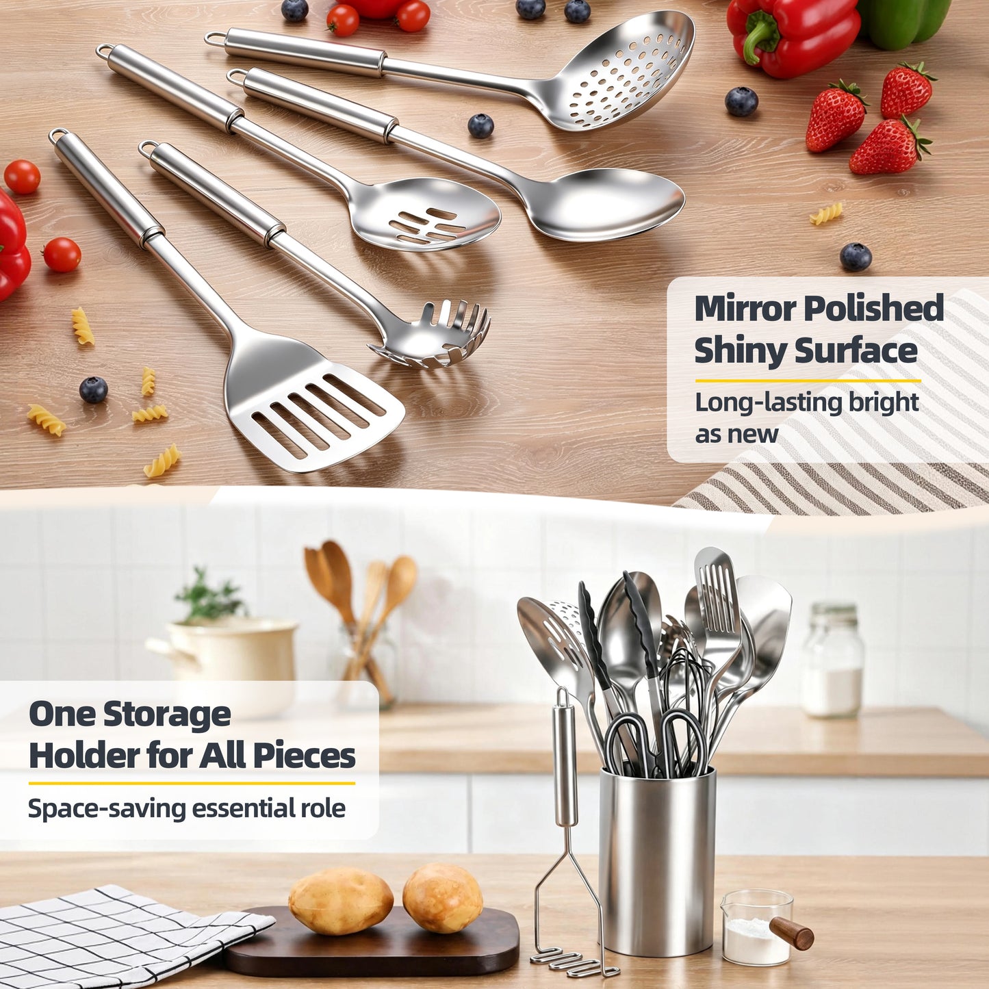 Vesteel 12-Piece Cooking Utensils Set, Stainless Steel Kitchen Utensils with Holder, Non-stick Cookware Set Include Pasta Server, Potato Masher and Spatula, Heat Resistant & Dishwasher Safe