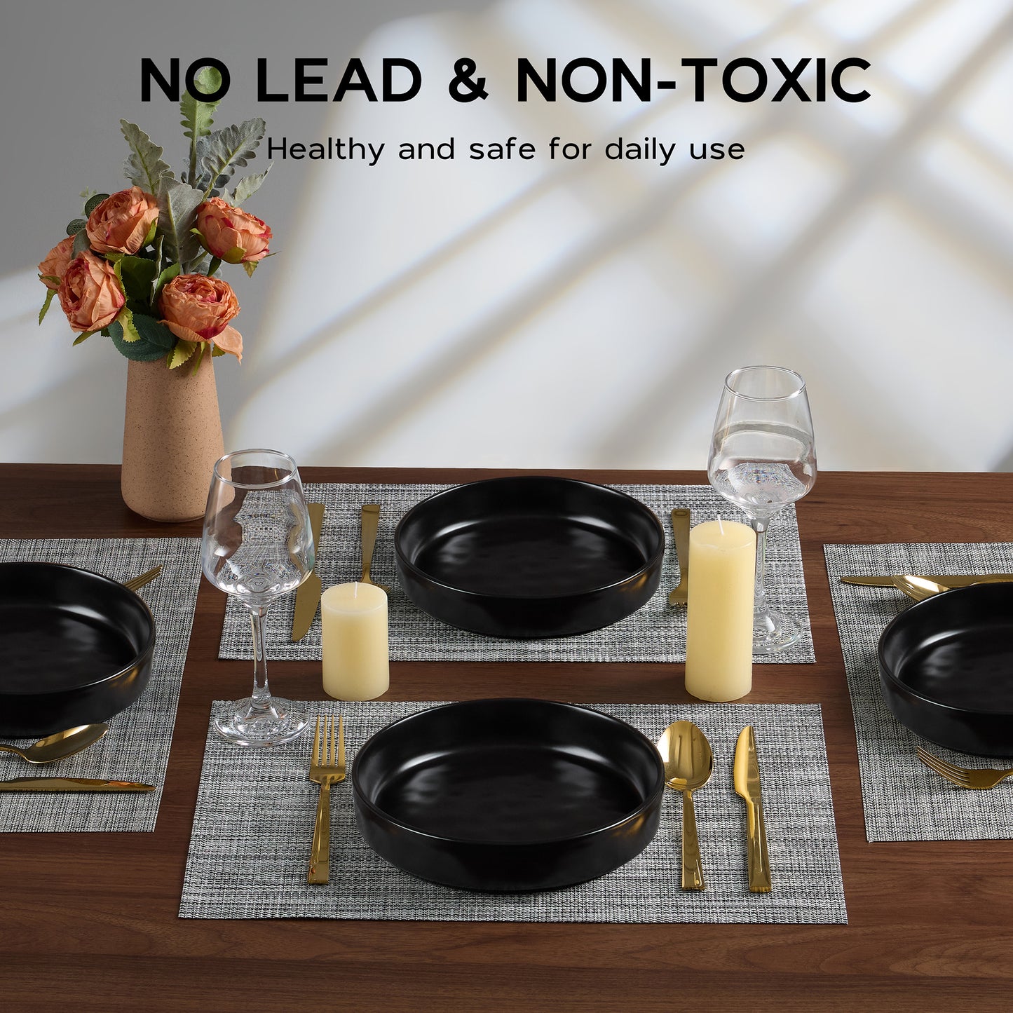 Vesteel Pasta Bowls Set of 4, 32oz Stoneware Salad Bowl, Large Dinner Bowls for Eating Serving Soup Noodle Pasta, Microwave & Dishwasher Safe, Matte Black