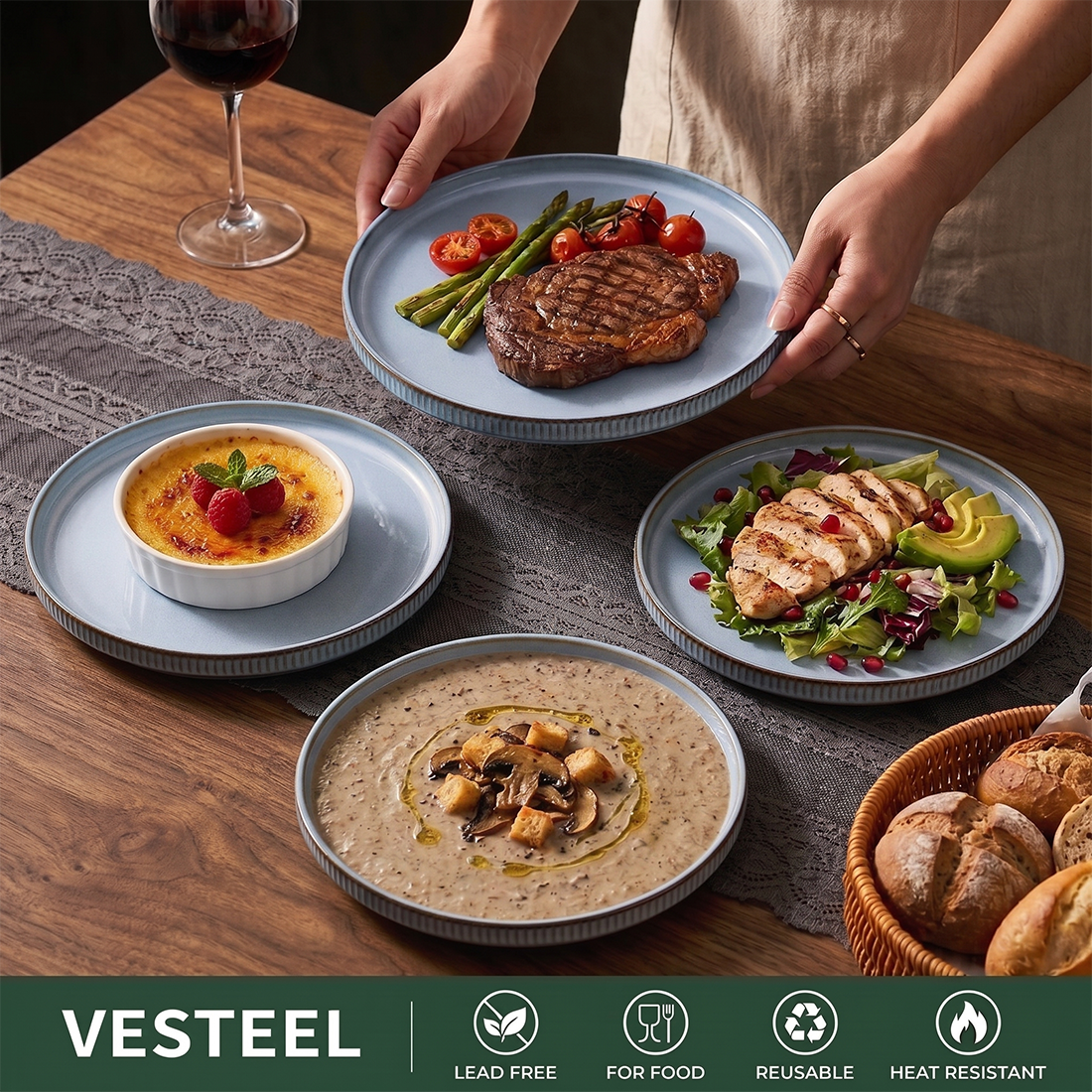 Vesteel Salad Plate for 4, 8 inch Stoneware Dinner plates with Textured Stripes, 4-Piece Ceramic Kitchen Plates for Dessert Salad, Dishwasher Safe & Microwave Safe, Smoky Blue