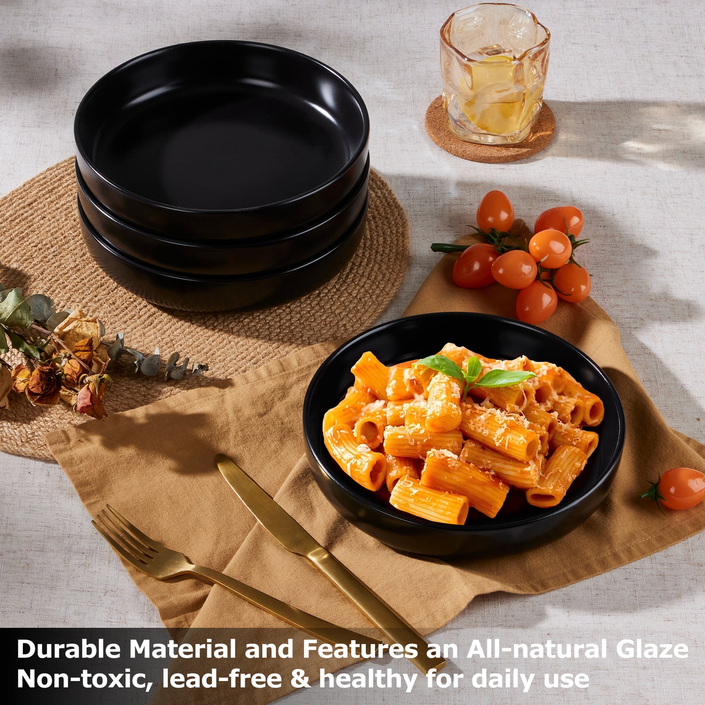 Vesteel Pasta Bowl Set of 4, 22oz Stoneware Salad Pasta Serving Bowls for Soup Dinner Cereal, Microwave & Dishwasher Safe, Matte Black