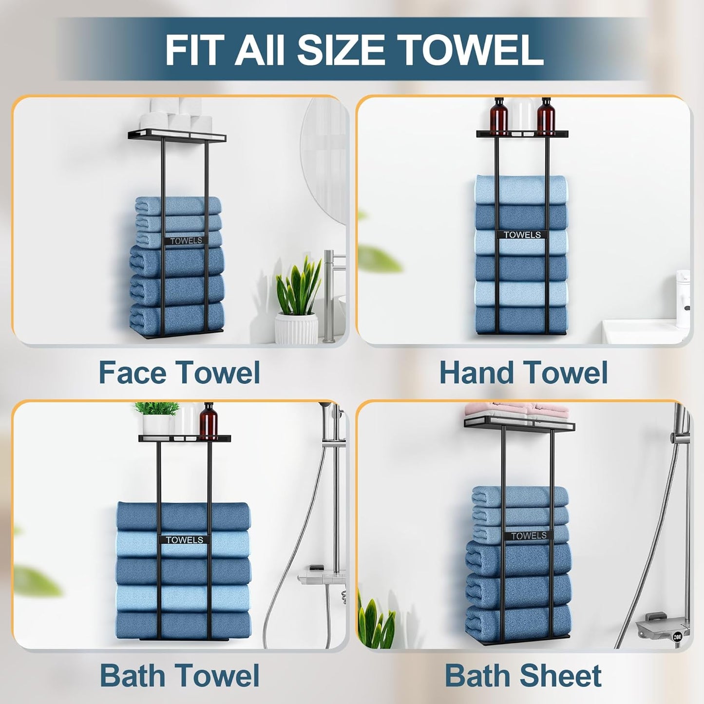 Vesteel Towel Racks for Bathroom, Wall Mounted Metal Black Towel Holder, 30 Inch Bath Rack Storage Organizer for Rolled Towels, Vertical Rack with Shelf Hold Up 6 Large Bath Towel for Small Bathroom