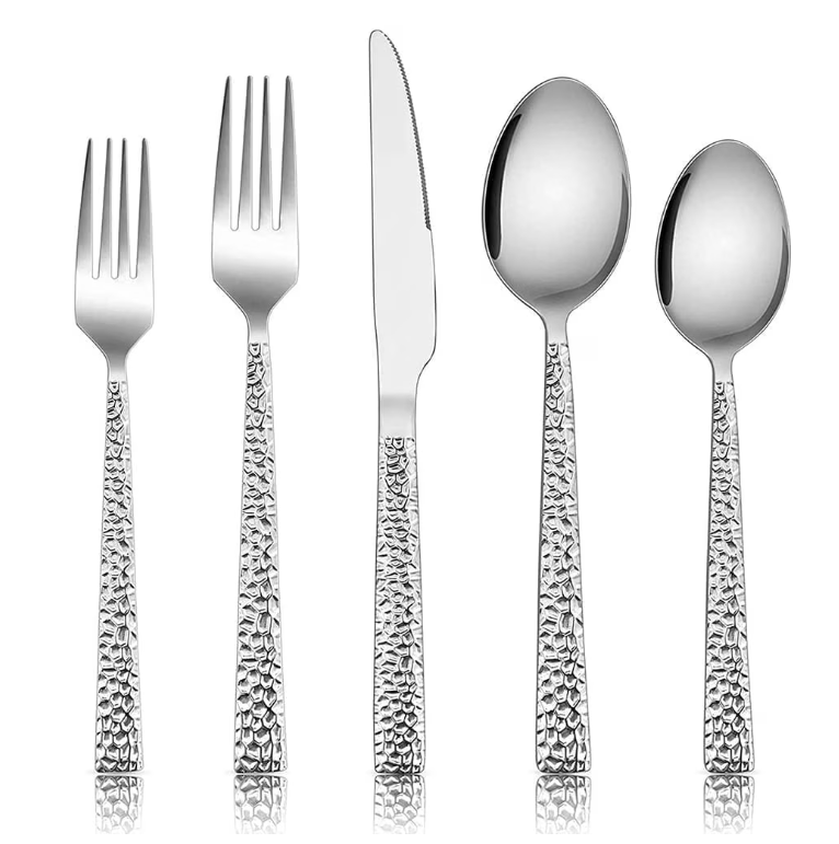Vesteel 40-Piece Hammered Silverware Set Stainless Steel Square Flatware Tableware Cutlery Set Service for 8
