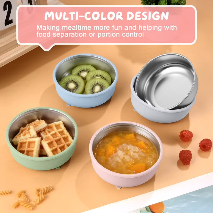 Vesteel Stainless Steel Kids Bowls with Suction, 3-Piece Suction Plates & Bowls for Toddlers, Removable Silicone Shell & Dishwasher Safe, Blue/Green/Pink